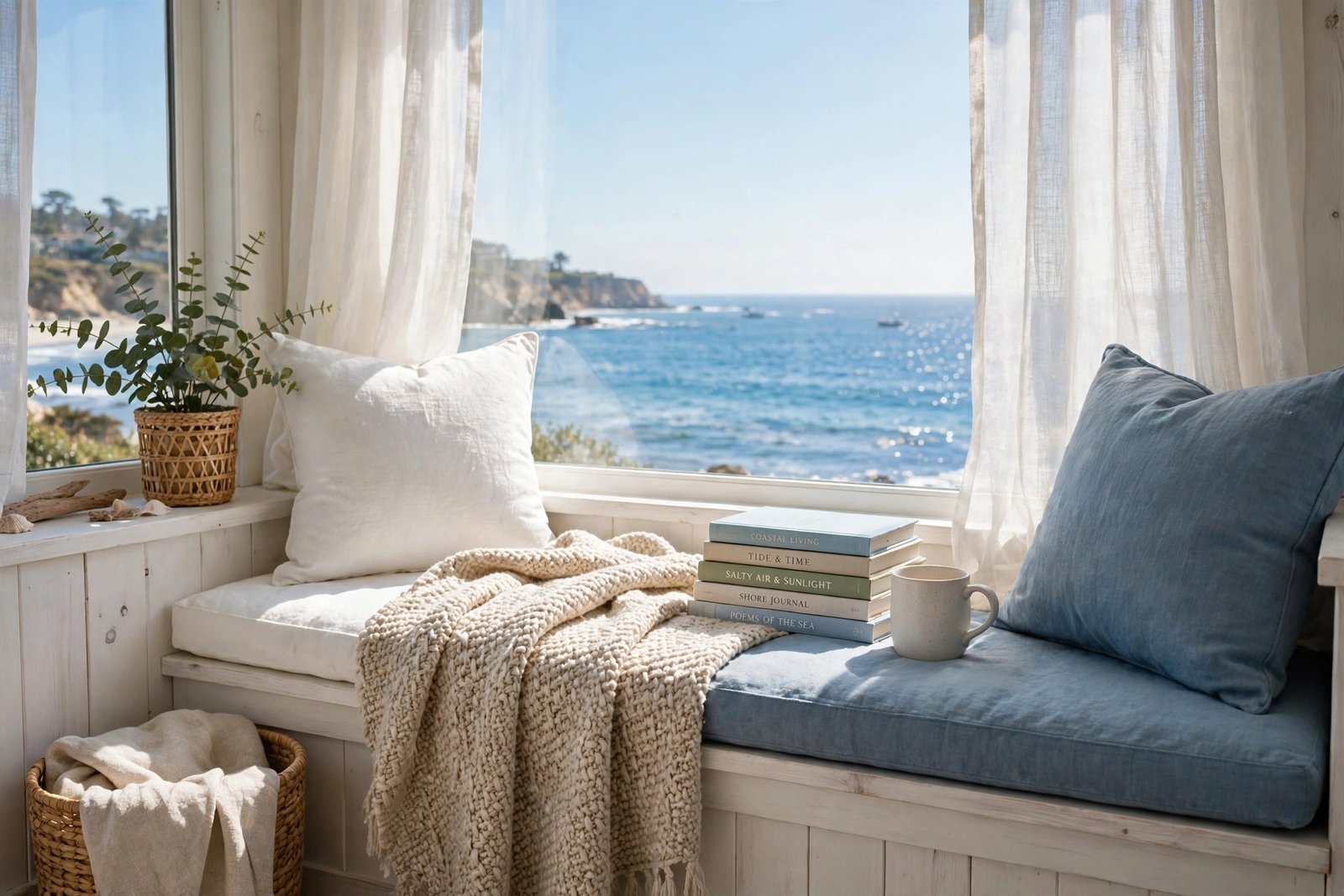 Cozy coastal reading nook with a window seat and linen cushions in a coastal bedroom ideas design