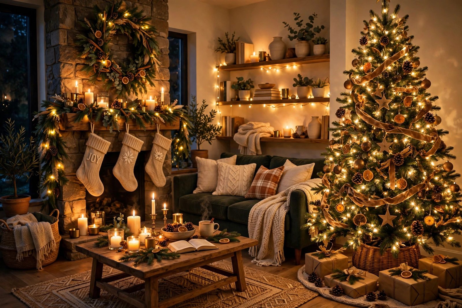 Christmas living room at night with candles and string lights