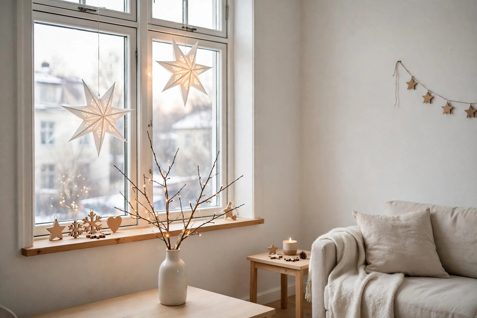 Minimal Scandinavian Christmas decor in a small bright apartment