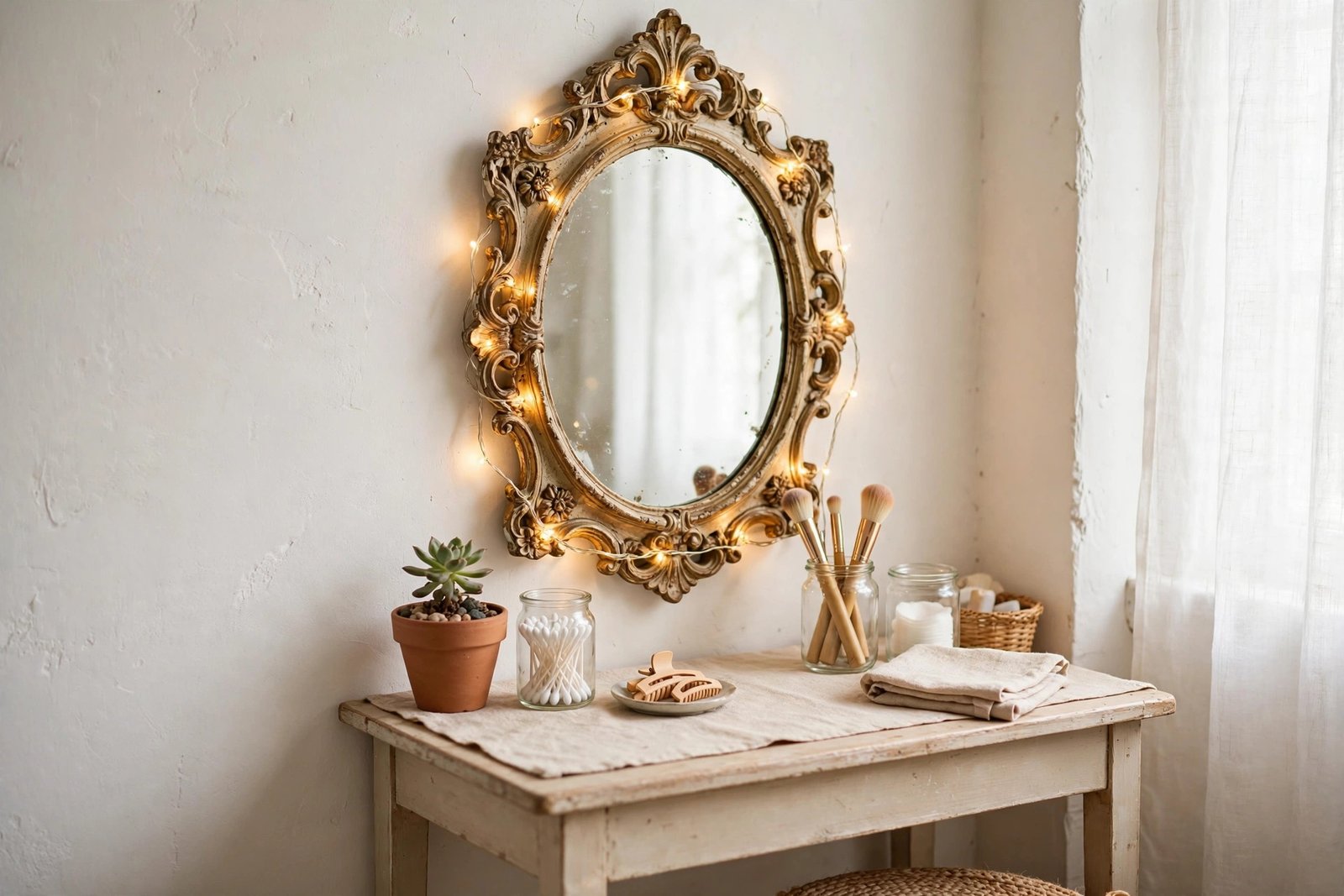 Budget vanity corner with a thrifted mirror framed by fairy lights