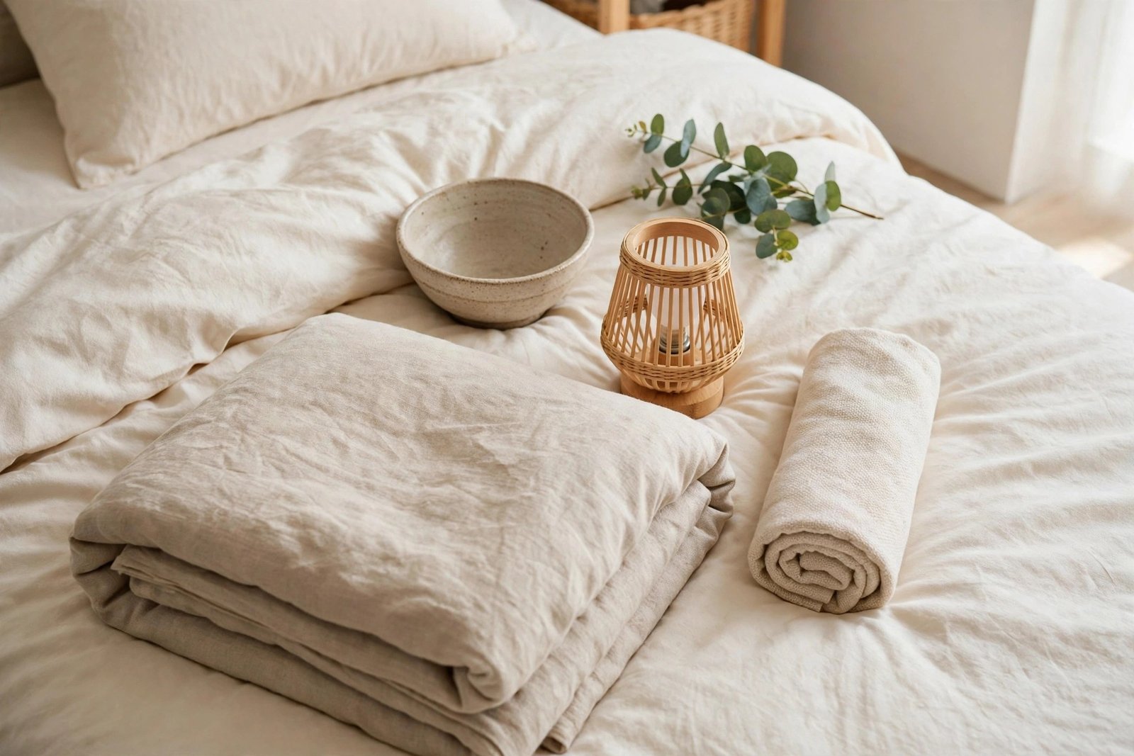Budget Japandi bedroom decor finds with a linen set, bamboo lamp and ceramics
