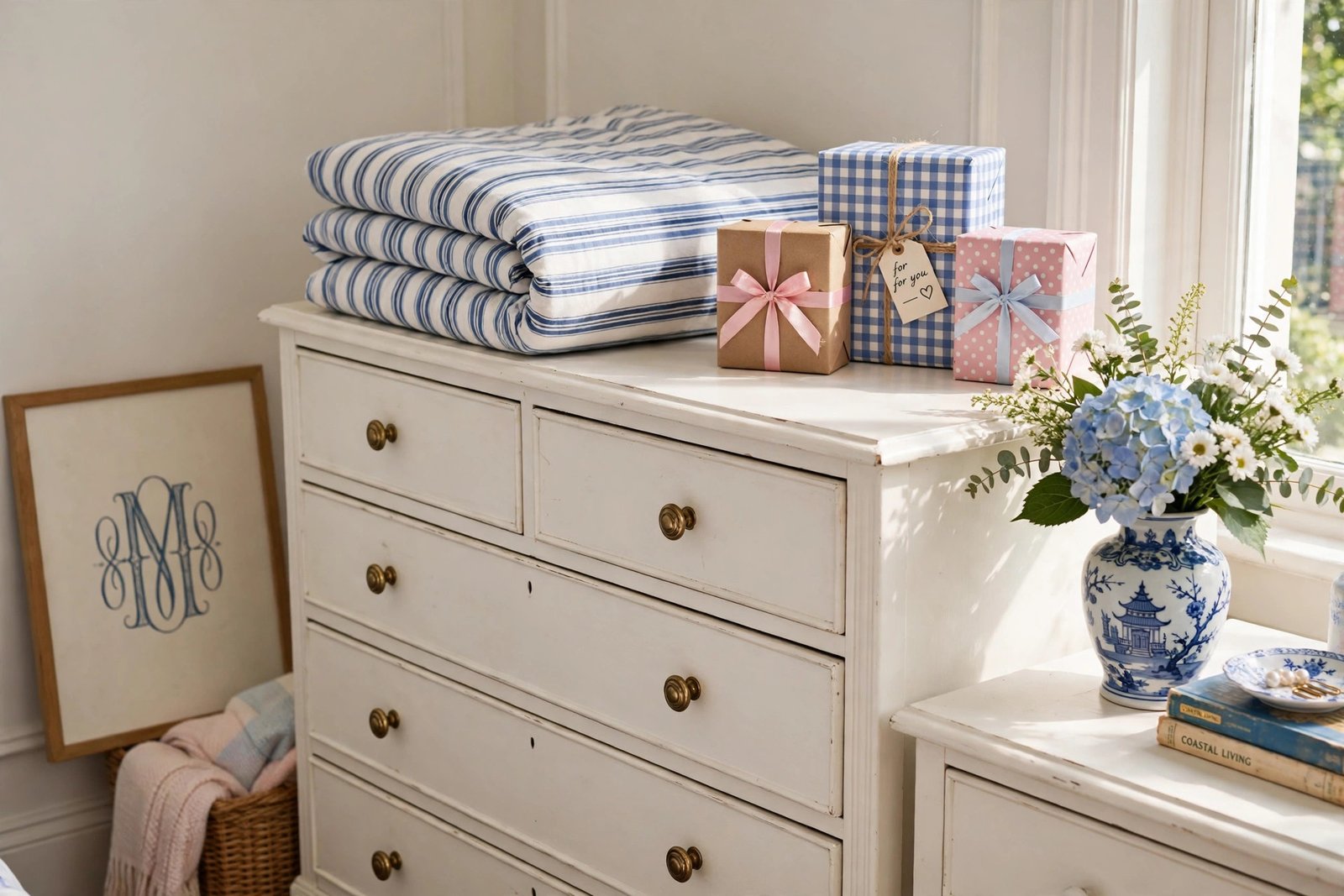 Budget preppy bedroom ideas with thrifted dresser and chinoiserie vase