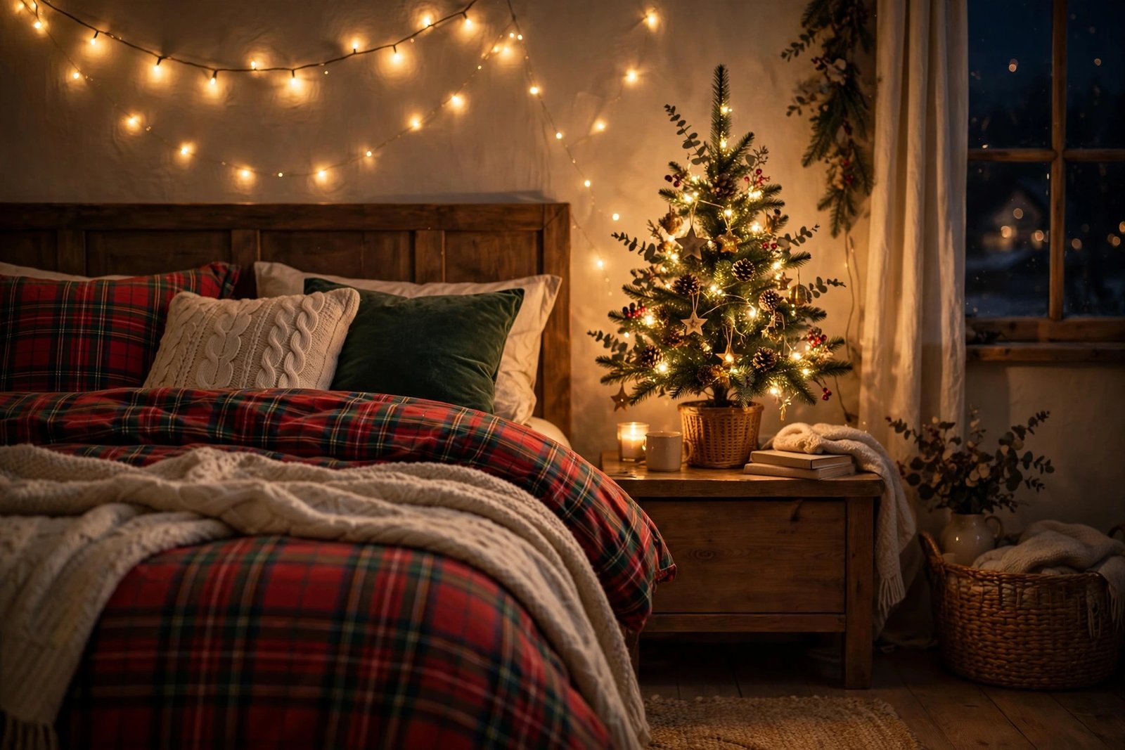 Glowing mini christmas tree as a statement moment in cozy christmas bedroom decor ideas at night