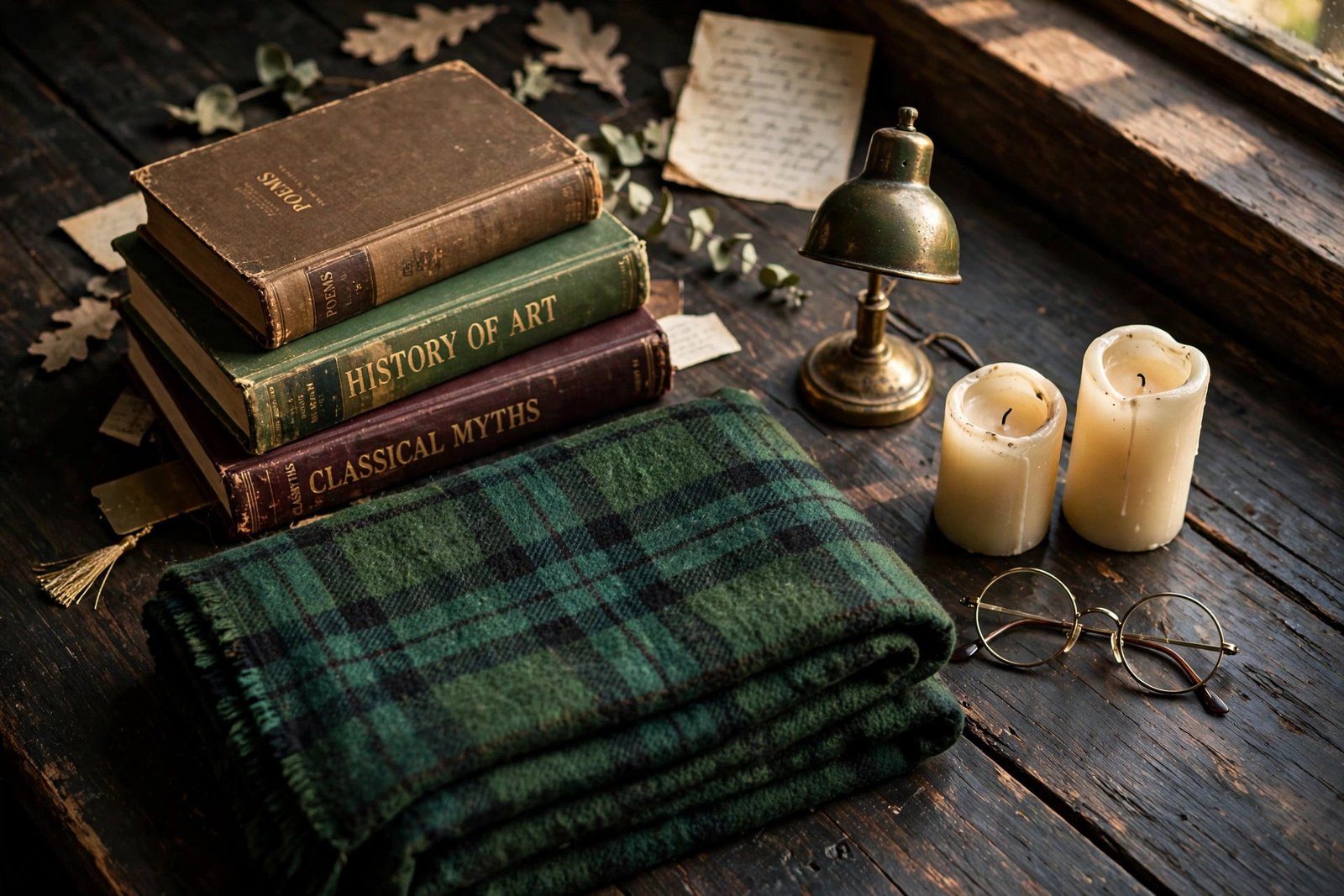 15 Dark Academia Bedroom Ideas for a Moody, Bookish Retreat 11 Budget dark academia bedroom decor flat lay with thrifted books, brass lamp and plaid throw
