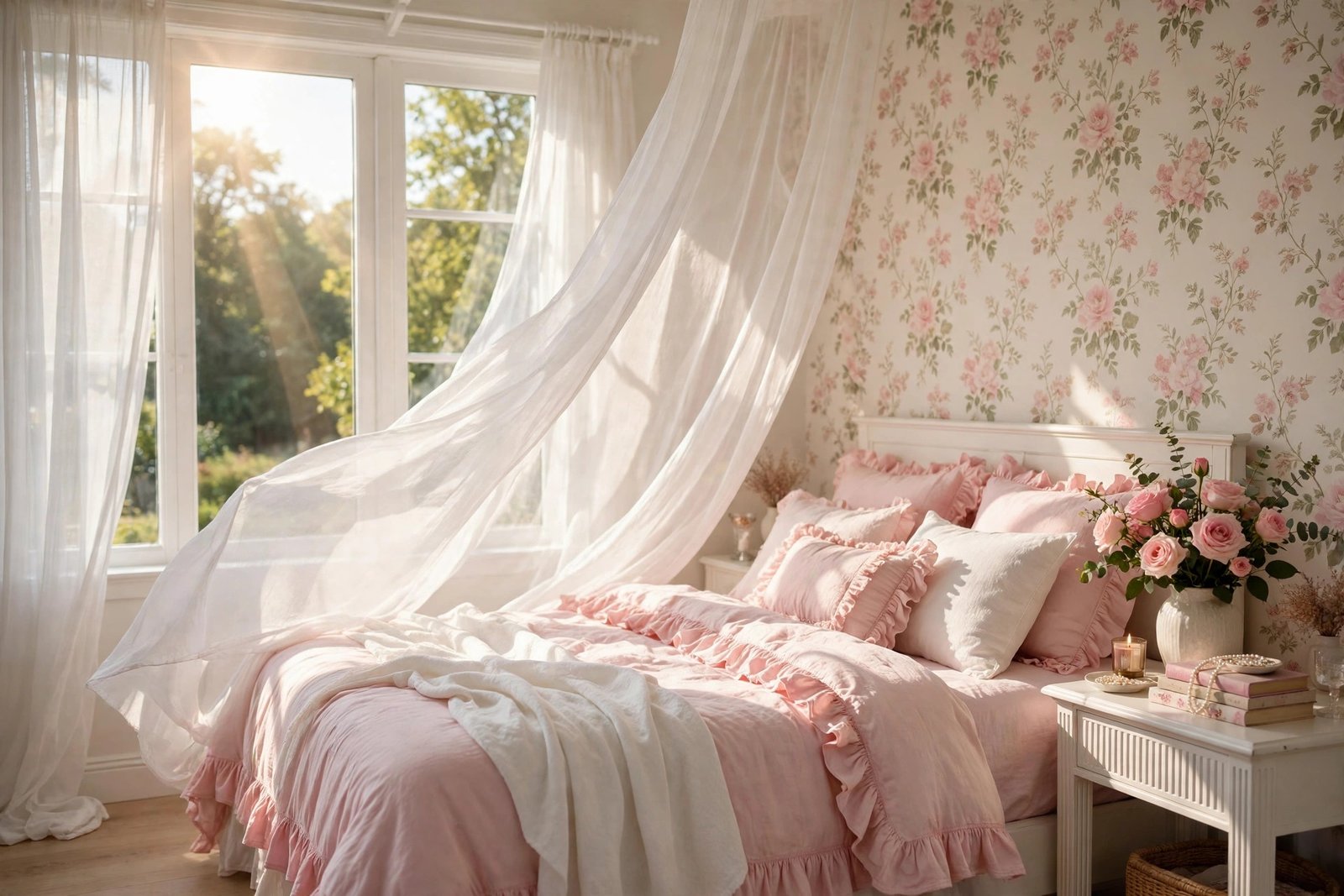 15 Coquette Bedroom Ideas for a Soft, Romantic Room 13 Sheer white curtains billowing in sunlight over a coquette bedroom ideas design