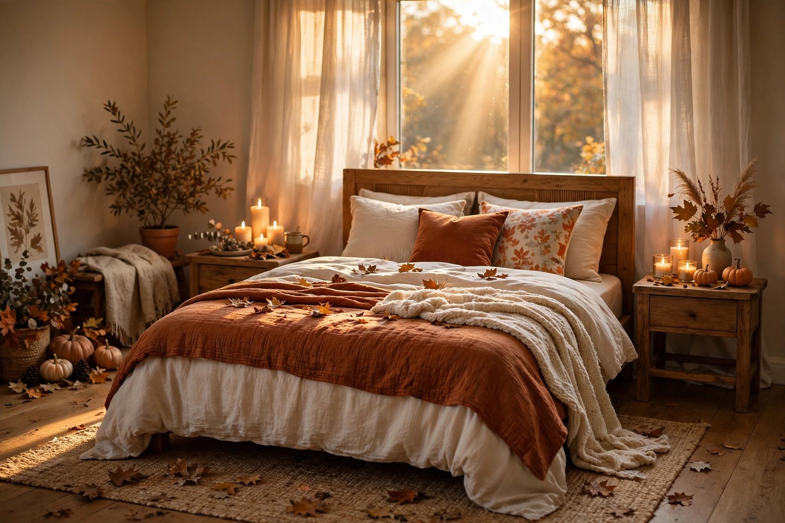 15 Cozy Fall Bedroom Ideas for a Warm Autumn Retreat 13 Cozy fall bedroom with layered bedding, candles and autumn accents at golden hour