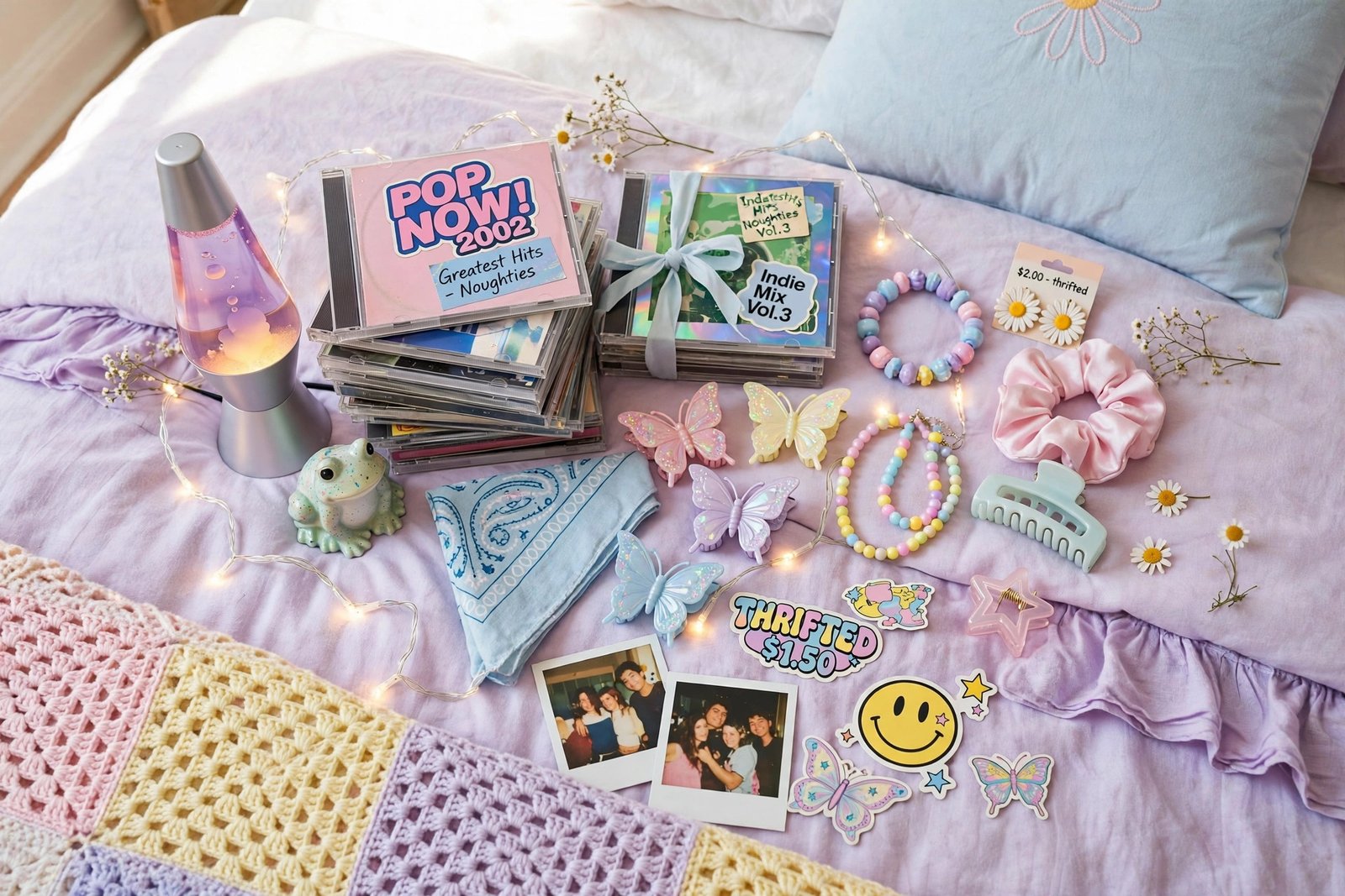 Budget Y2K bedroom decor finds with a lava lamp, CDs and pastel accessories