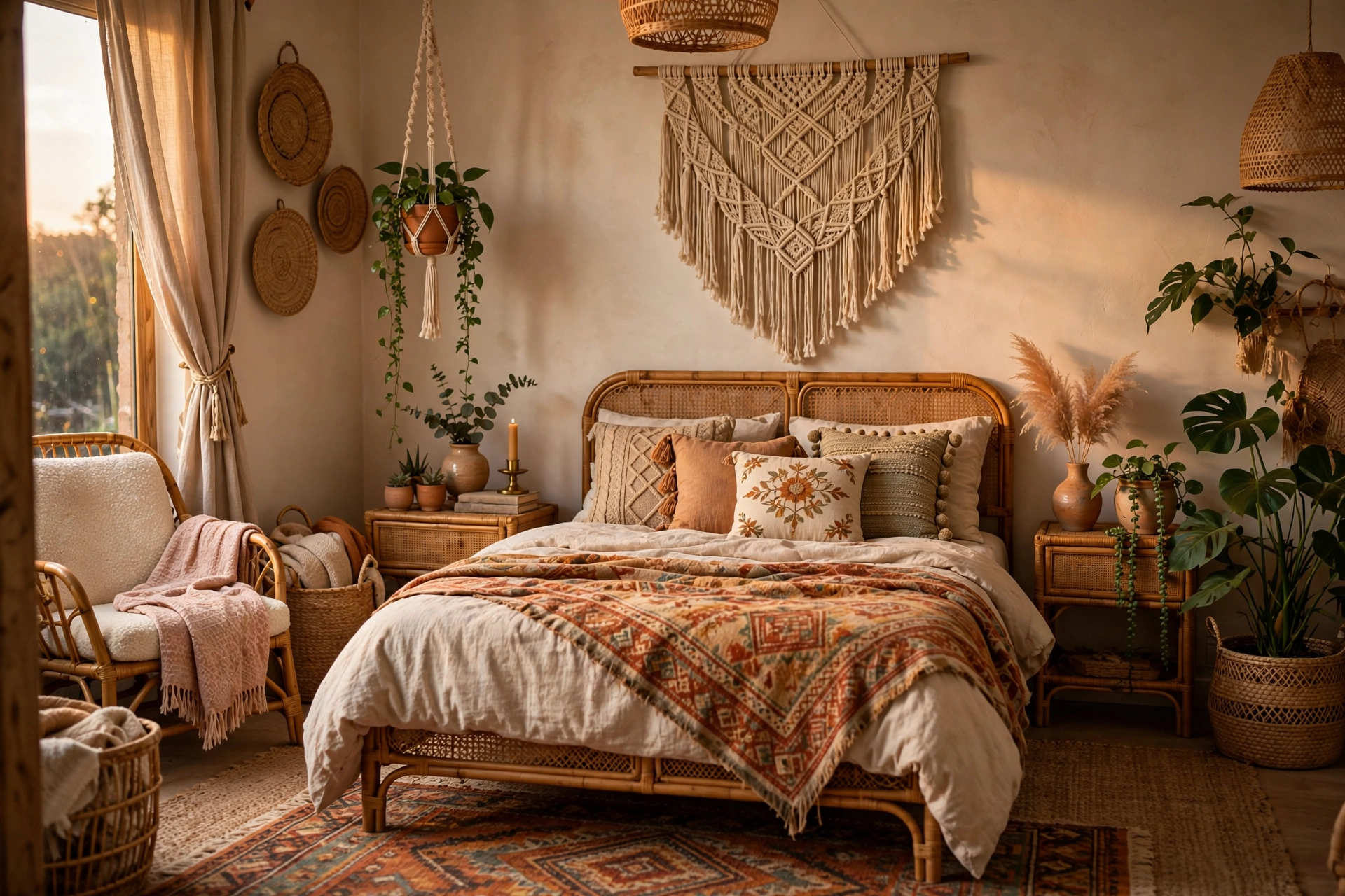 Boho aesthetic room with layered textiles and plants, Pinterest room inspiration
