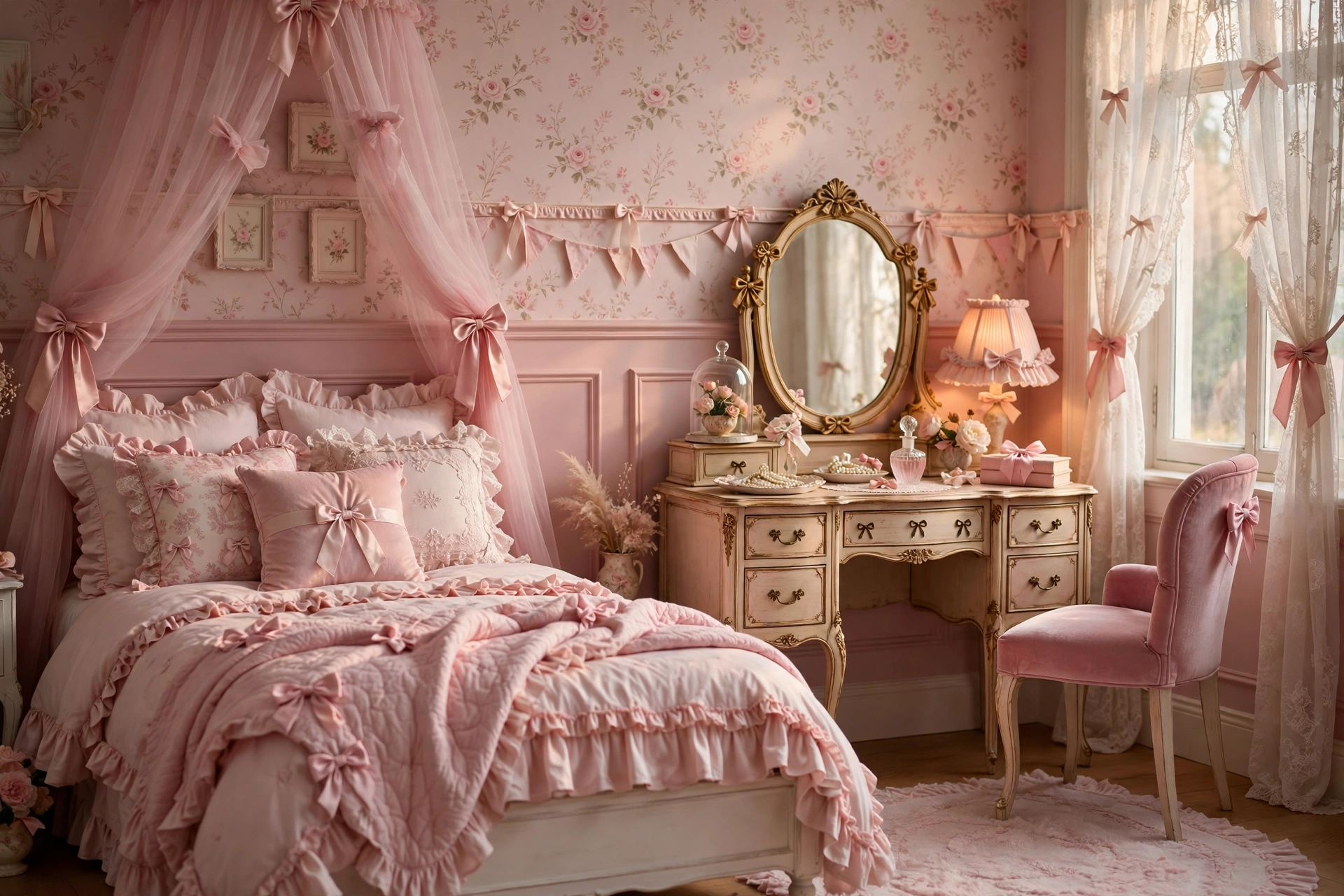 Coquette aesthetic bedroom with soft pinks and romantic details, a bedroom aesthetic idea