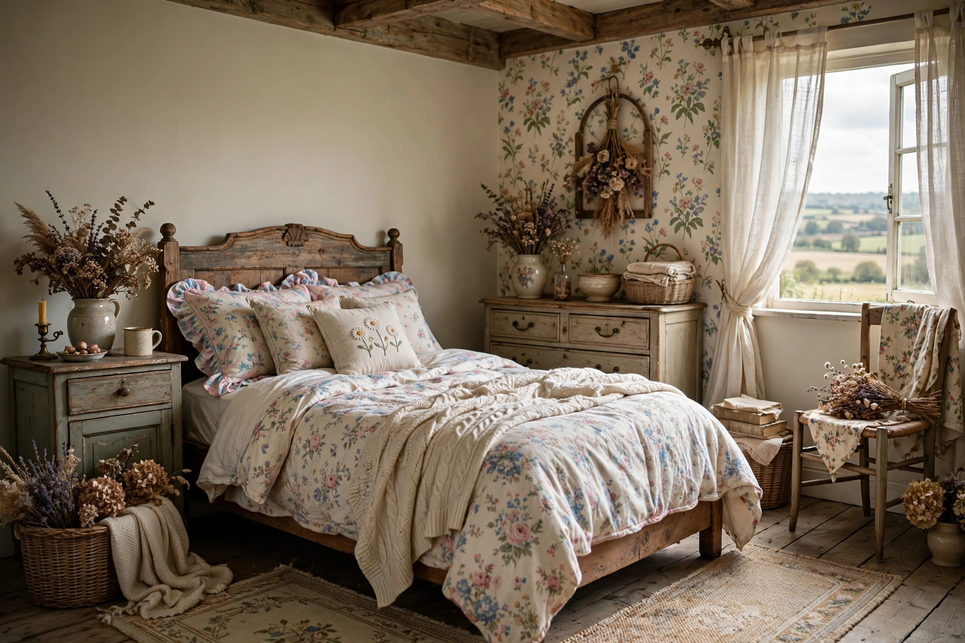 Cottagecore aesthetic bedroom with floral bedding and vintage touches, a dreamy aesthetic room idea