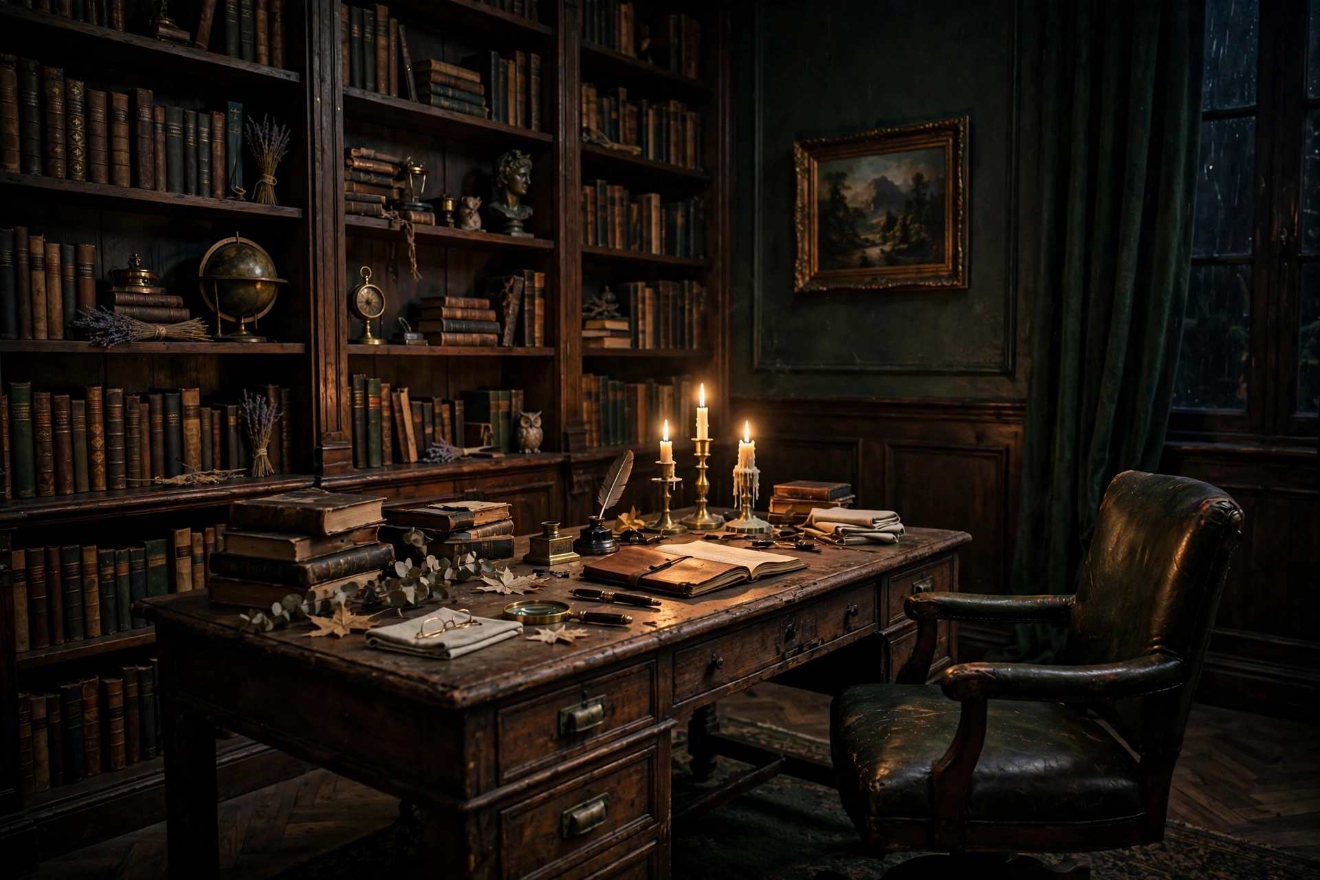 Dark academia style room with bookshelves and moody lighting, an aesthetic room decor idea