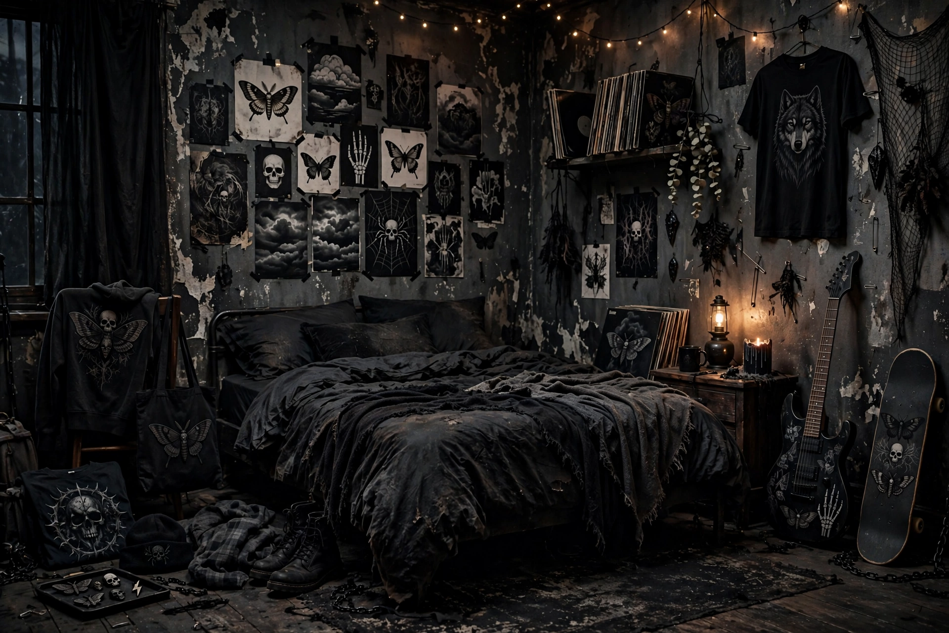 Grunge aesthetic bedroom with dark tones and band posters, an edgy room aesthetic idea