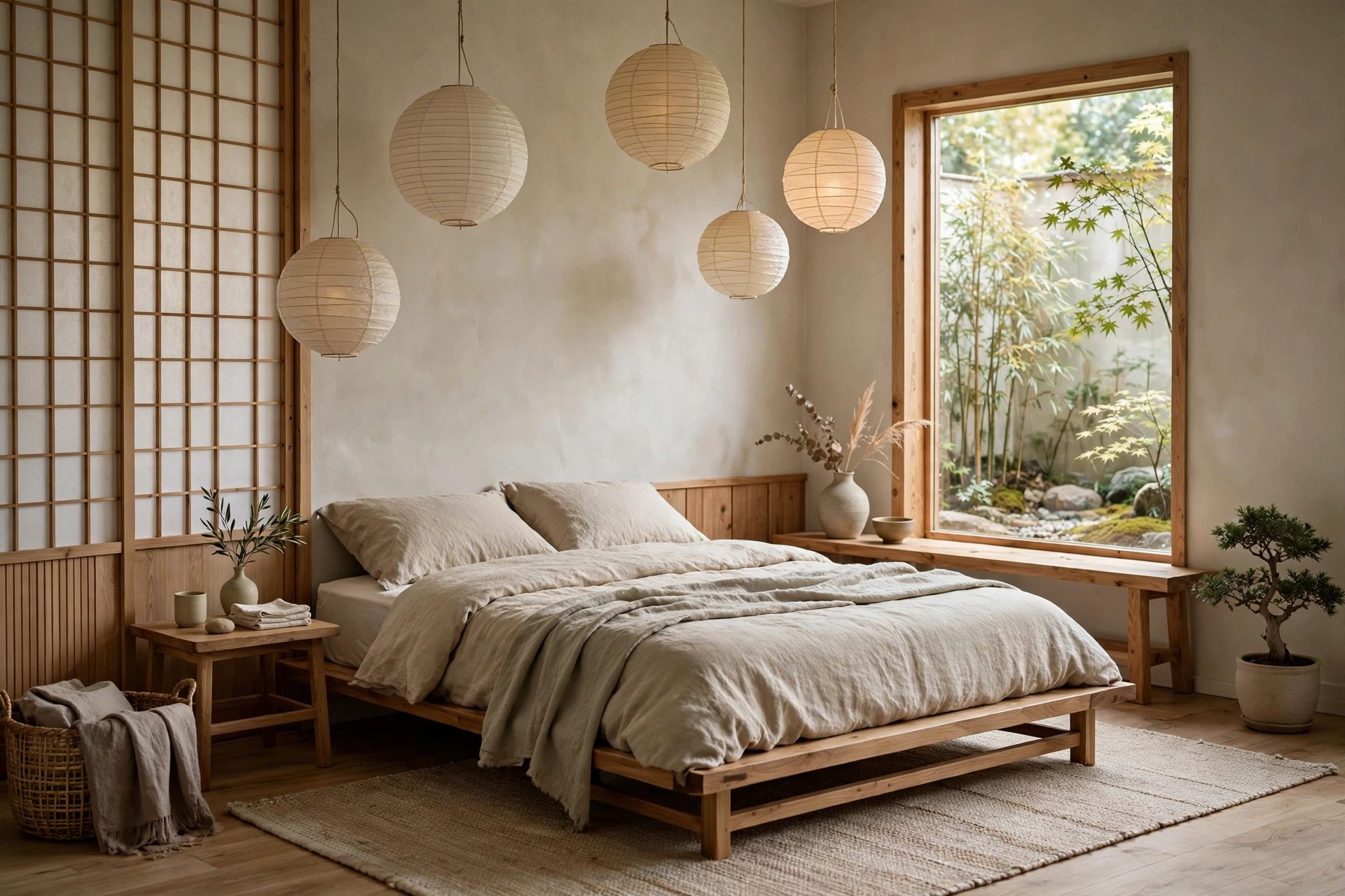 Japandi style room blending Japanese and Scandinavian design, serene aesthetic room decor
