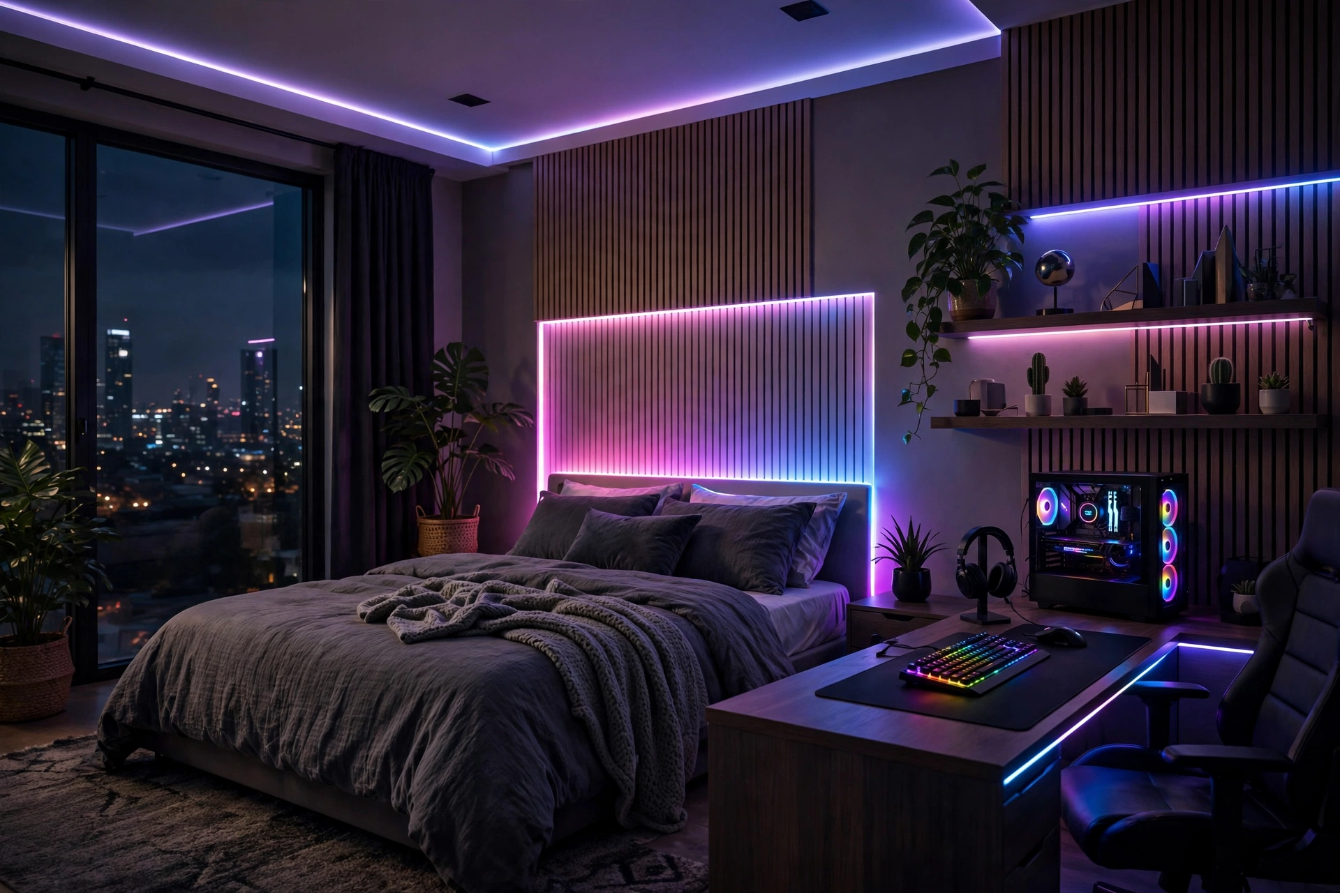 Bedroom with LED strip lights creating a colorful glow, an aesthetic room idea from Pinterest