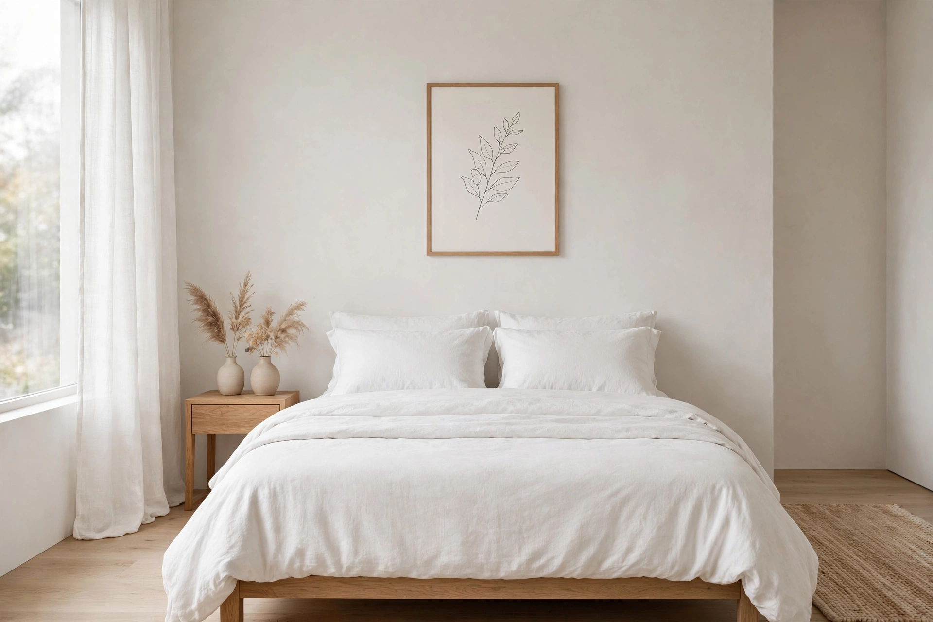 Minimalist aesthetic bedroom with clean lines and neutral tones, a calm aesthetic room idea