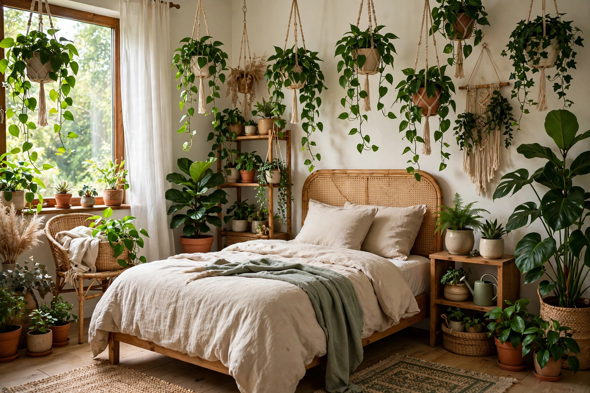Plant-filled aesthetic bedroom with hanging greenery, a fresh room aesthetic idea