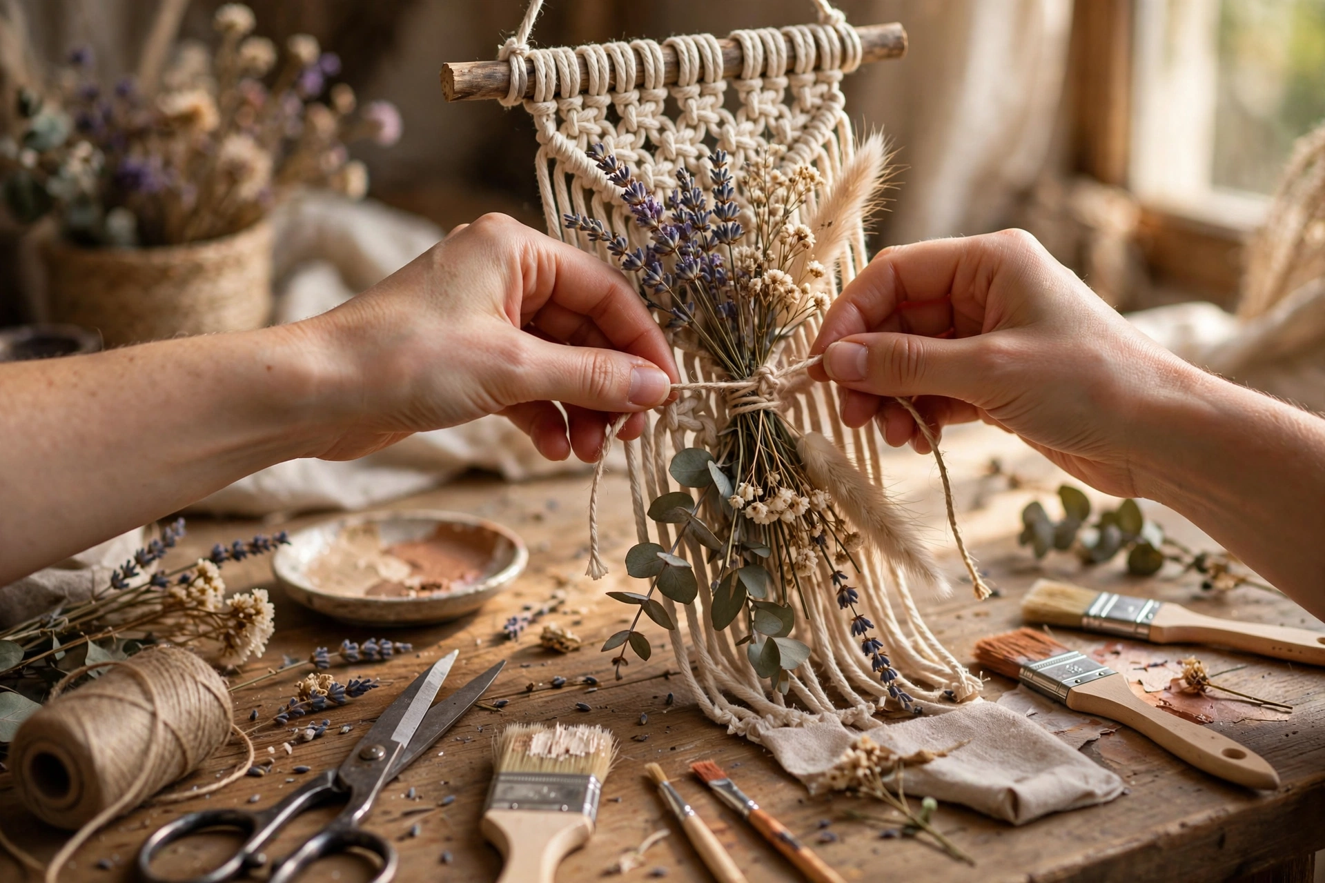 Hands crafting DIY home decor at a wooden craft table