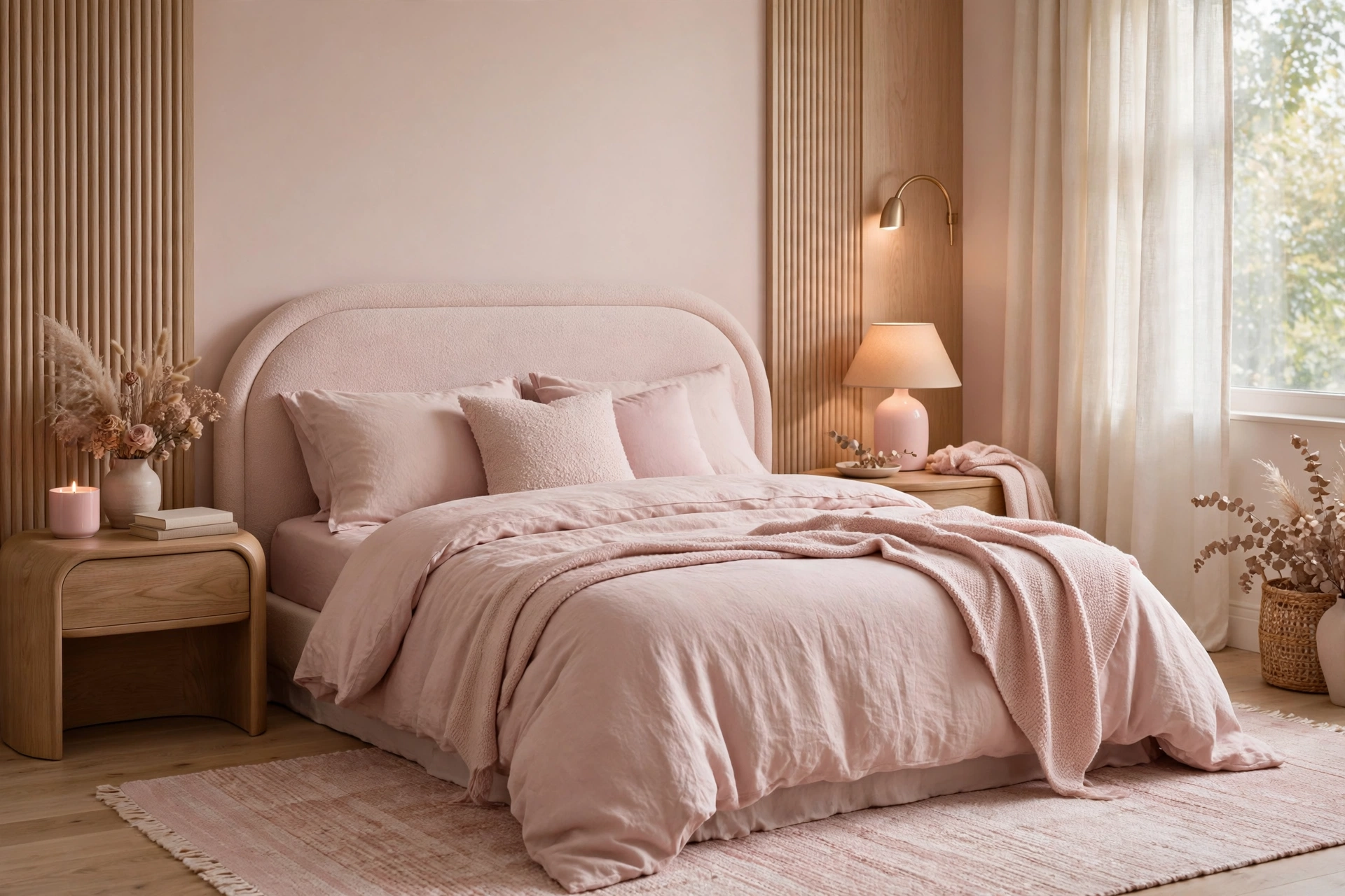 Blush pink bedroom with soft romantic decor, a home color trend 2026