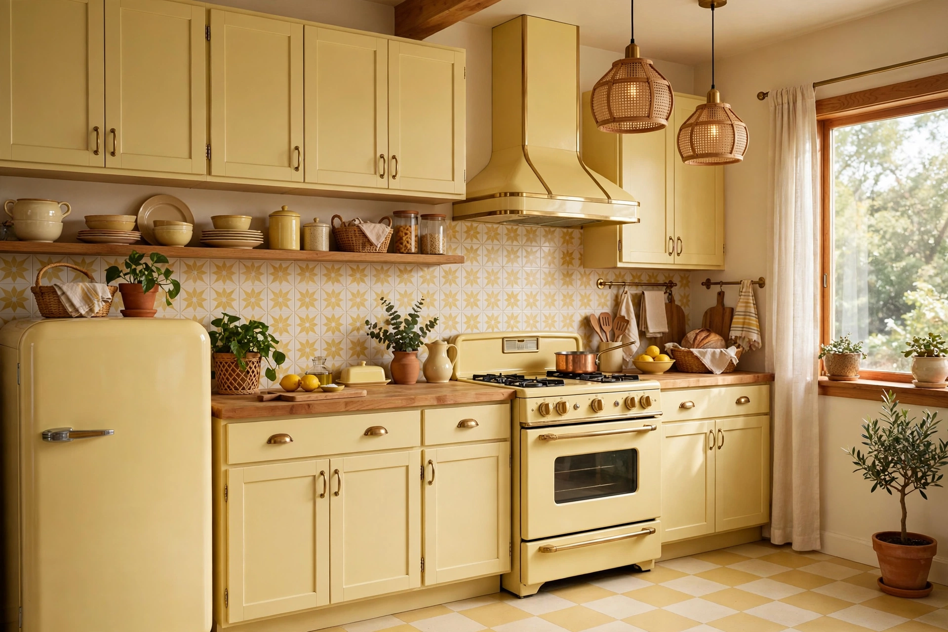 Kitchen with soft butter yellow cabinets, a popular paint color 2026