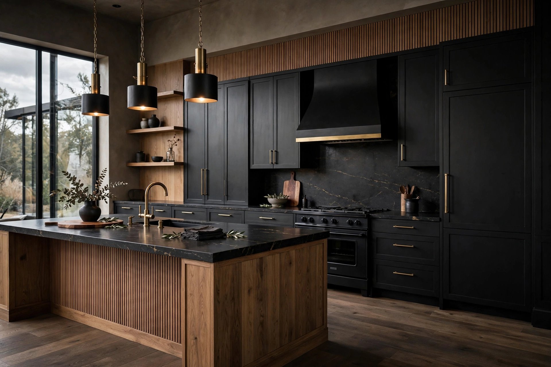 Dramatic charcoal dark living room with modern furniture, a 2026 color trend