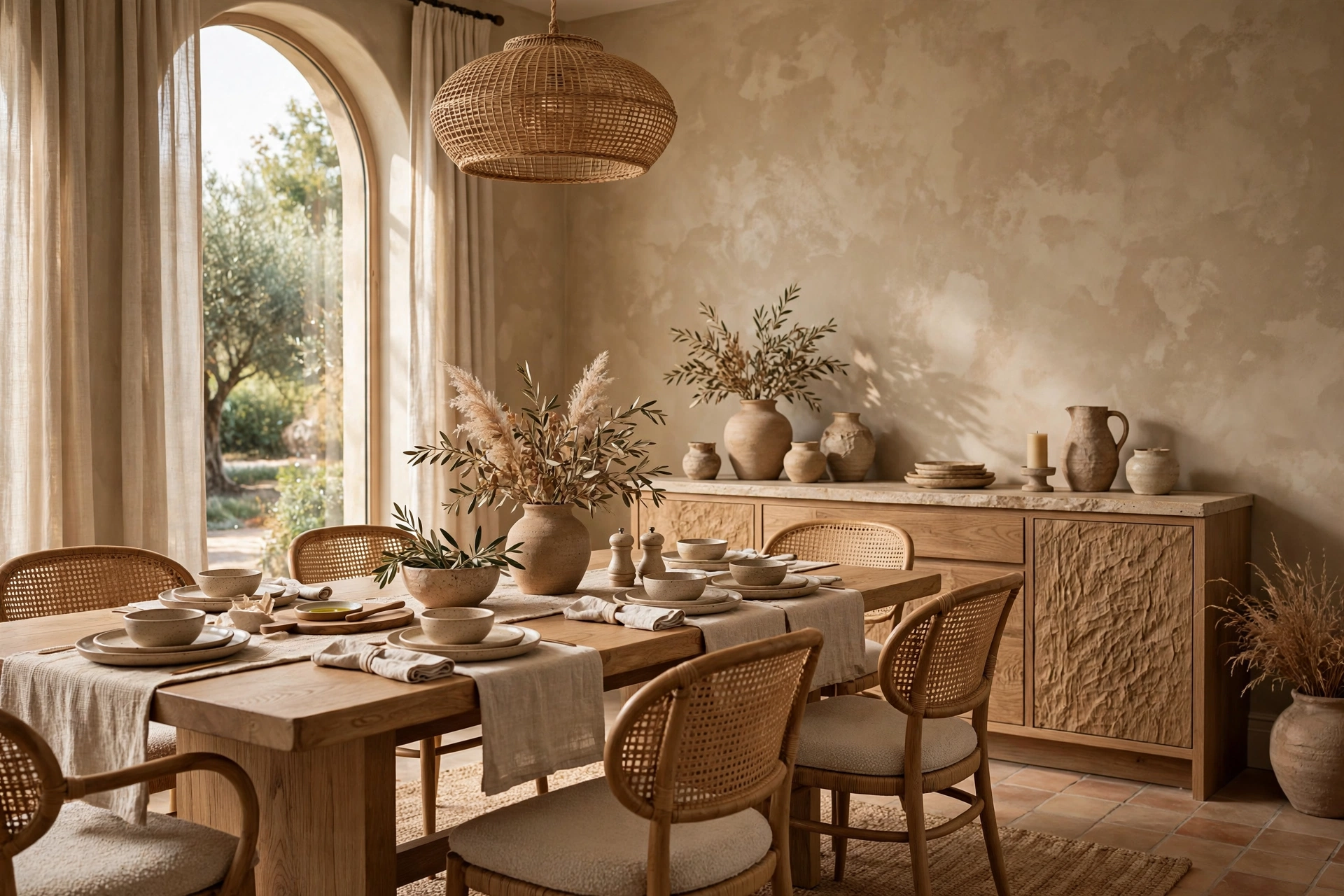 Limewash clay textured wall in warm beige tones, a modern interior color trend