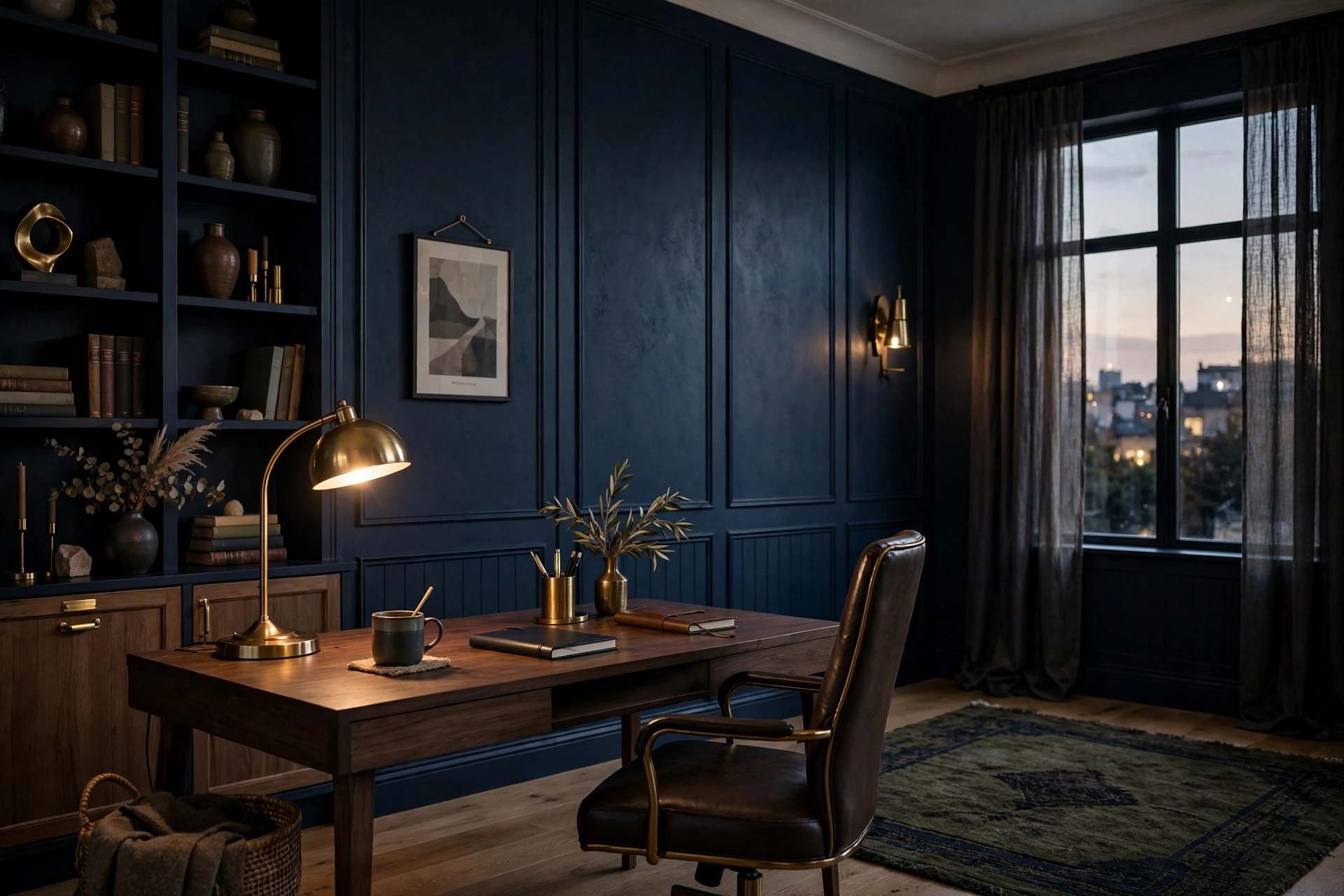 Moody navy blue living room with elegant furniture, a trending home color 2026