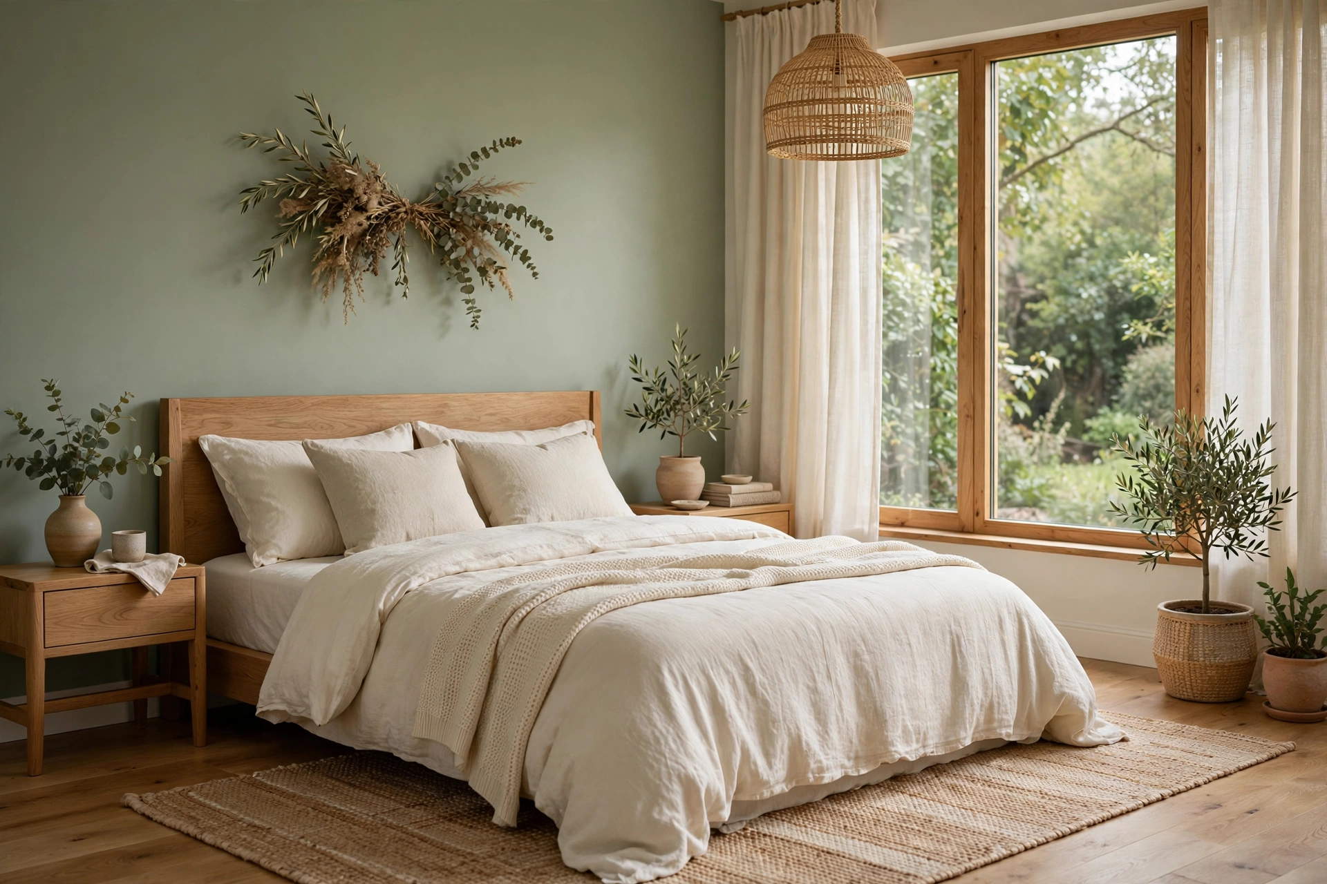 Bedroom with sage green walls and natural textures, a popular interior color trend 2026