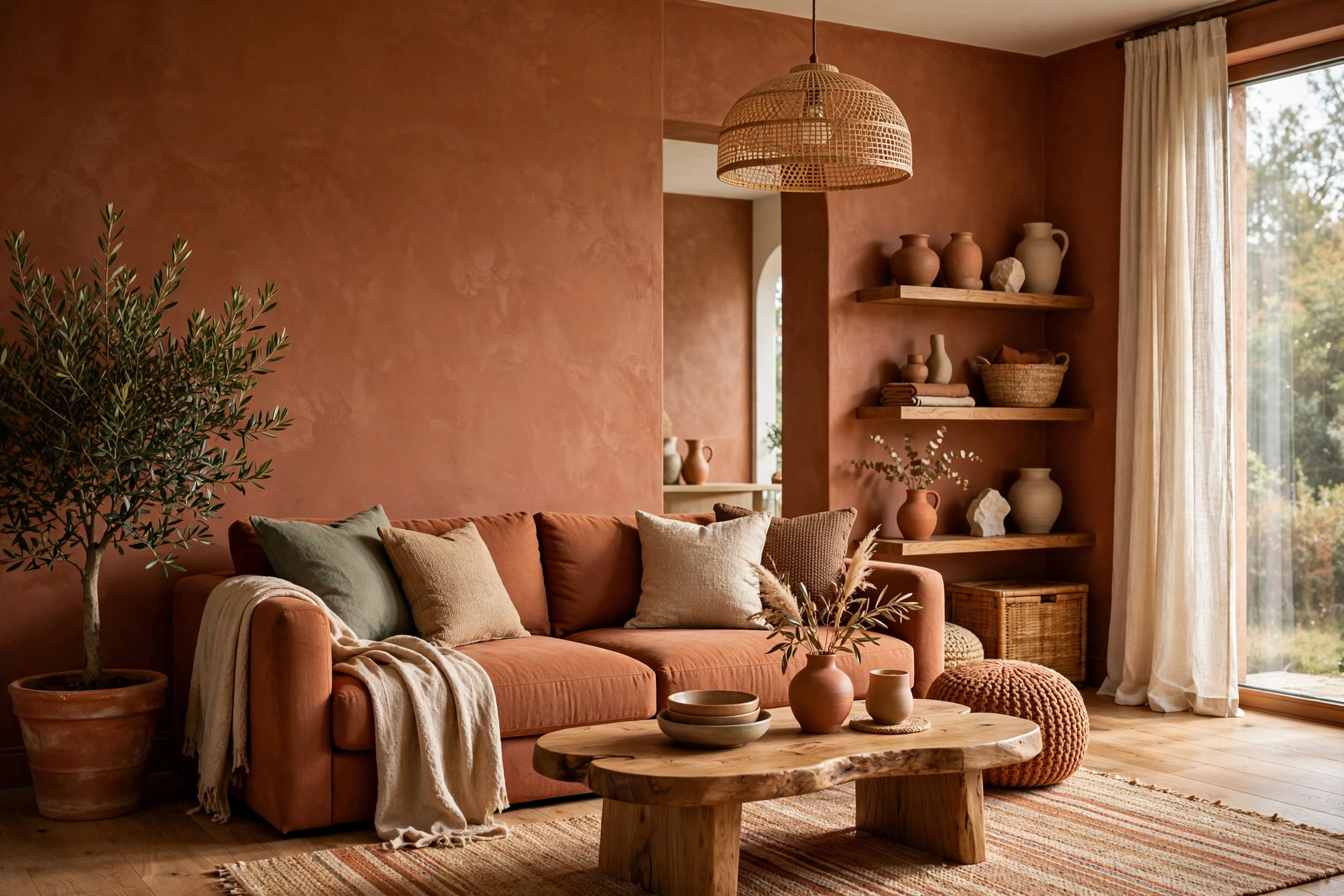Living room with warm terracotta walls and earthy decor, a leading home color trend 2026