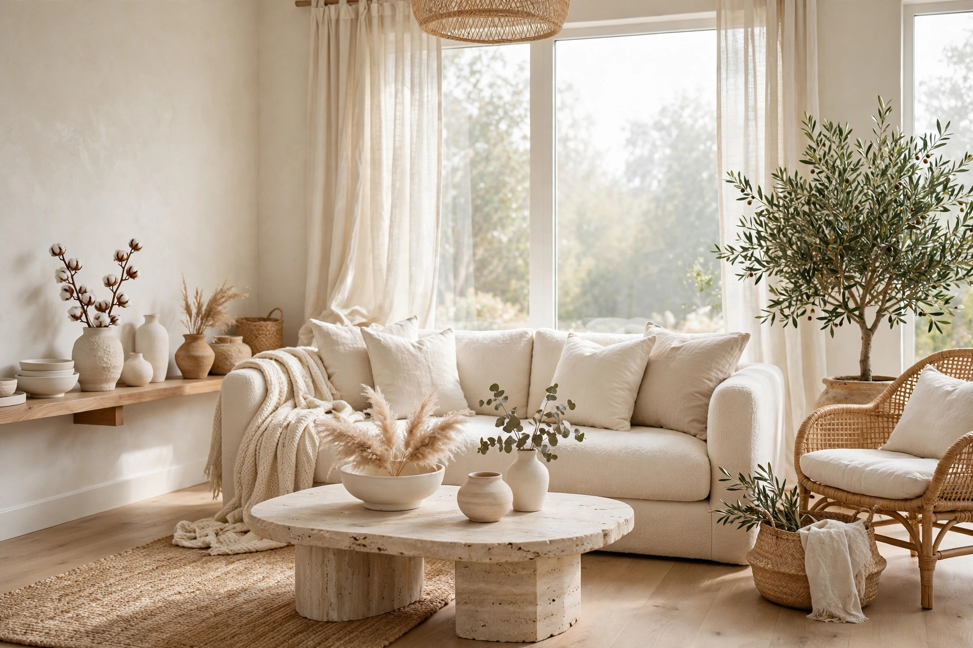 Bright living room with warm white walls and cozy neutral decor, a 2026 color trend