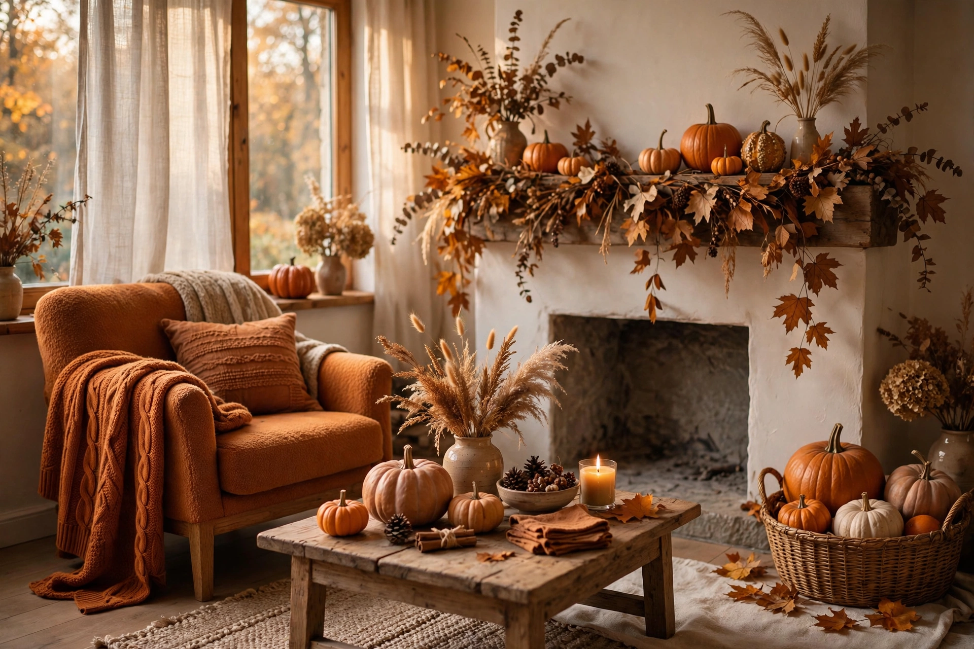 Autumn decor with pumpkins, dried leaves and warm orange tones
