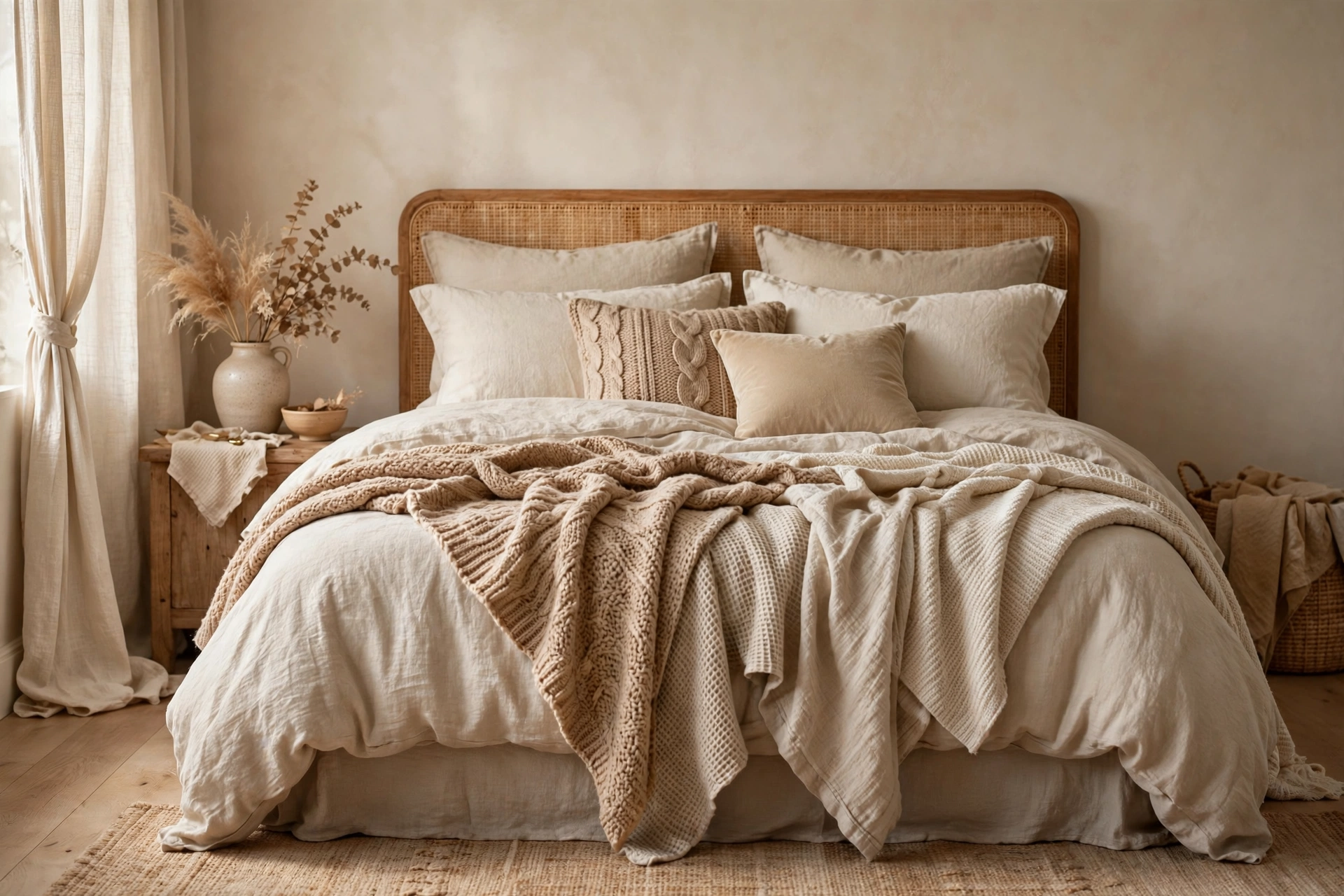 Layered bedding with linen duvet, quilts and textured pillows
