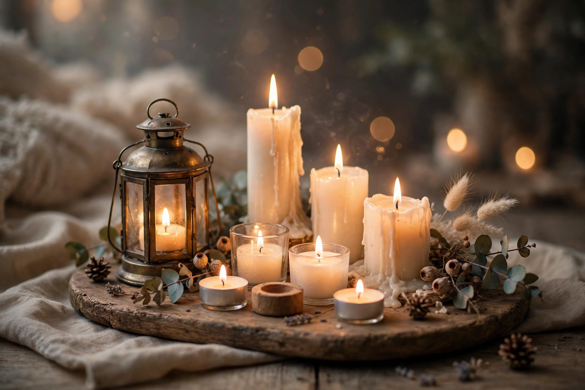 Cluster of lit candles creating a warm glow on a wooden tray