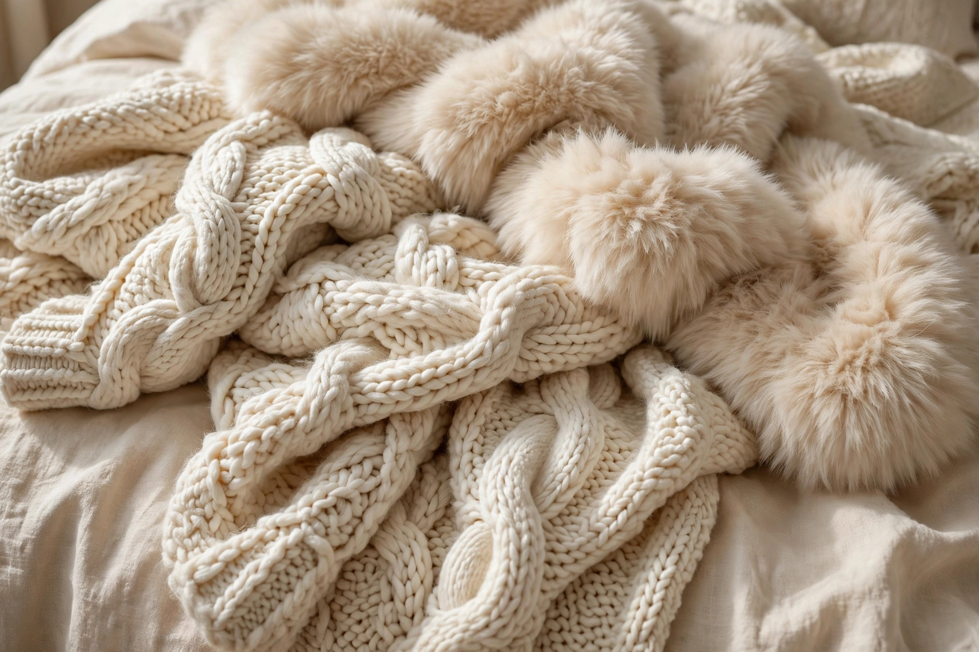 Chunky knit blankets in cream tones folded on a cozy bed