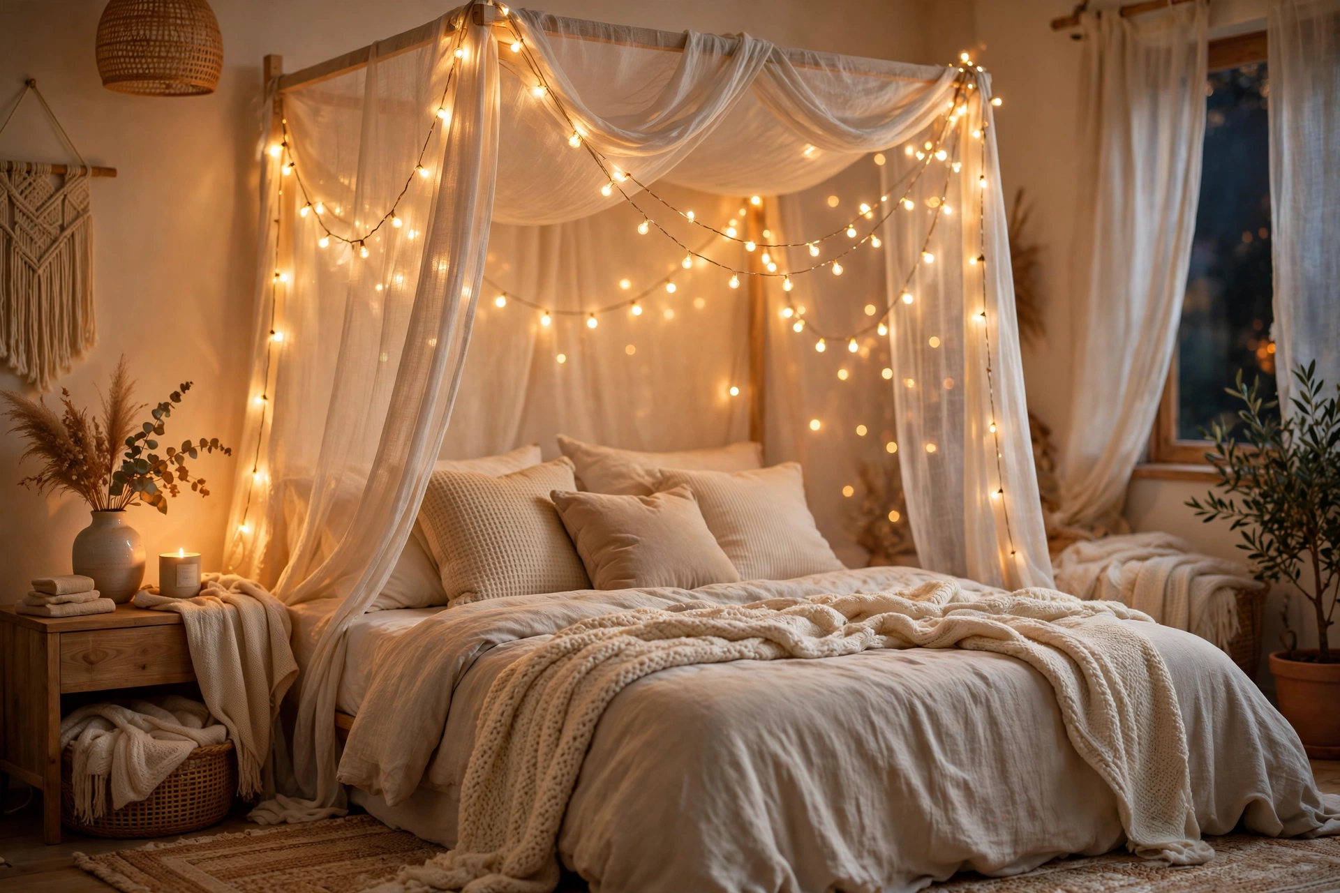 Warm string lights draped over a bed in a cozy aesthetic bedroom