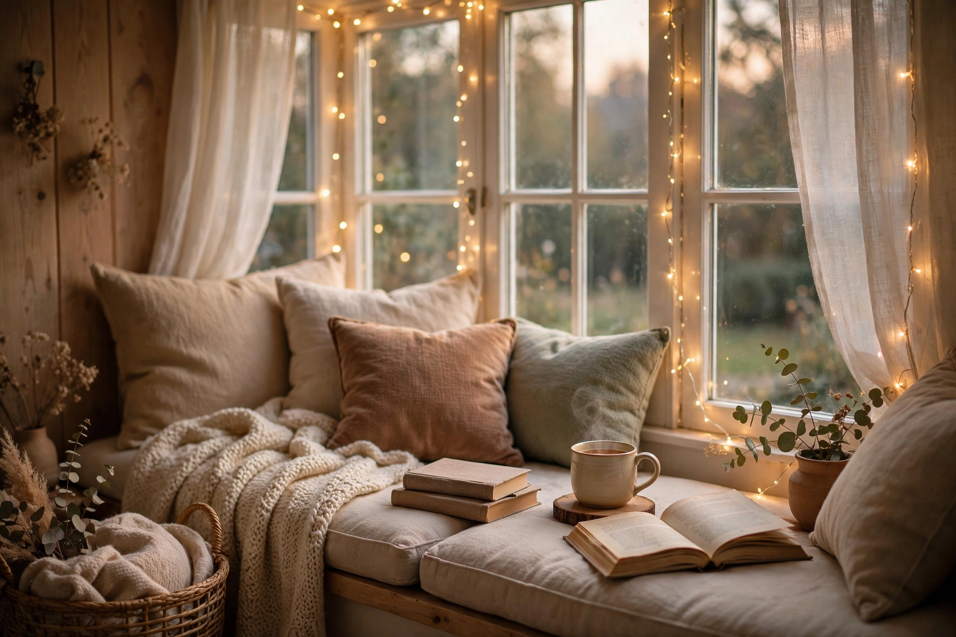 Cozy reading nook with armchair, knit blanket and lamp by a window