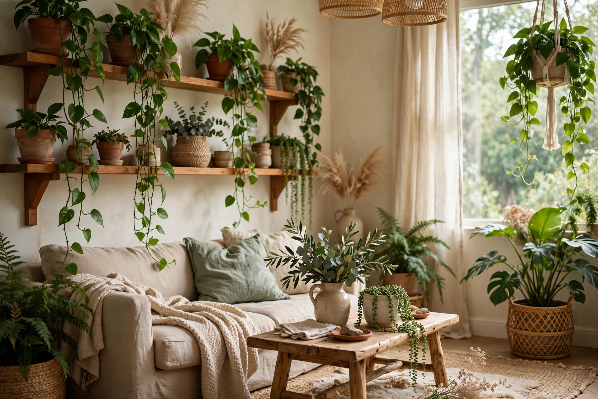 Lush indoor plants in woven baskets brightening a cozy living room