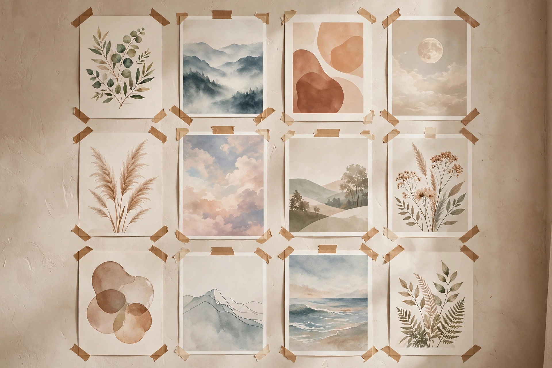 Gallery poster wall with botanical prints above a cozy sofa