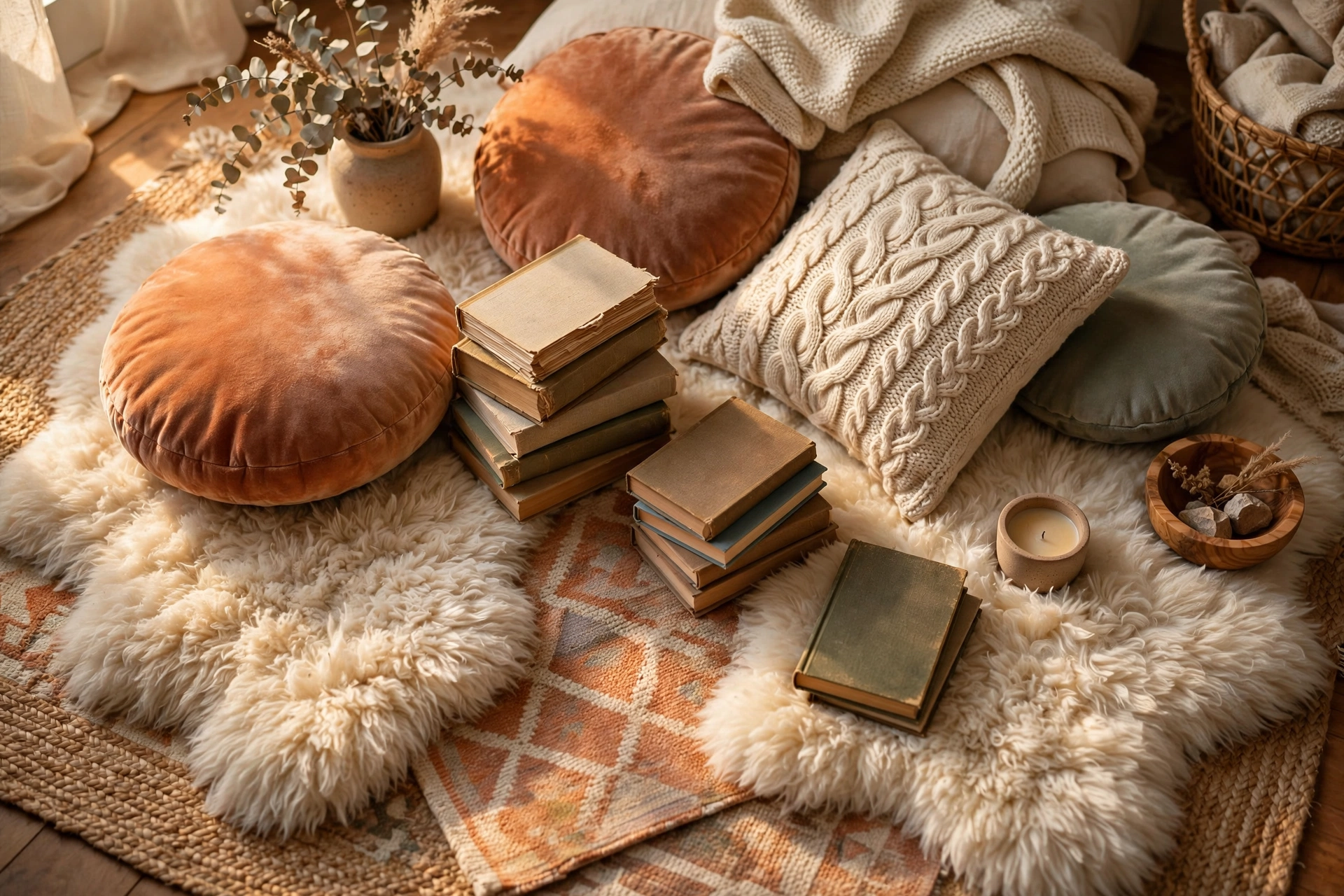 Layered rugs under a coffee table in a cozy aesthetic living room