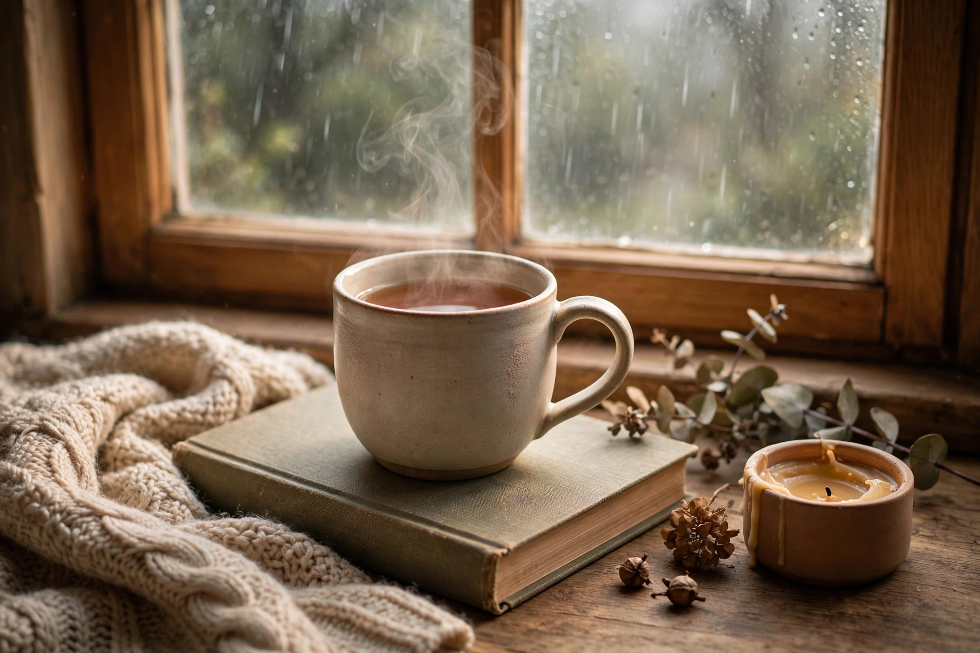 Cozy tea moment with steaming mug, book and knit blanket