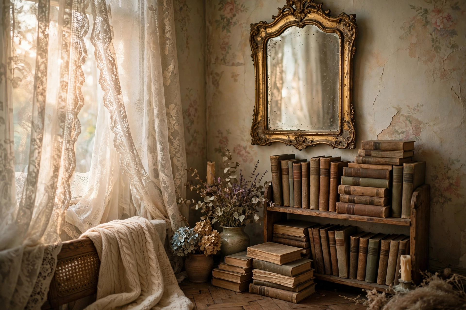 Vintage corner with antique mirror, dried flowers and warm lamplight