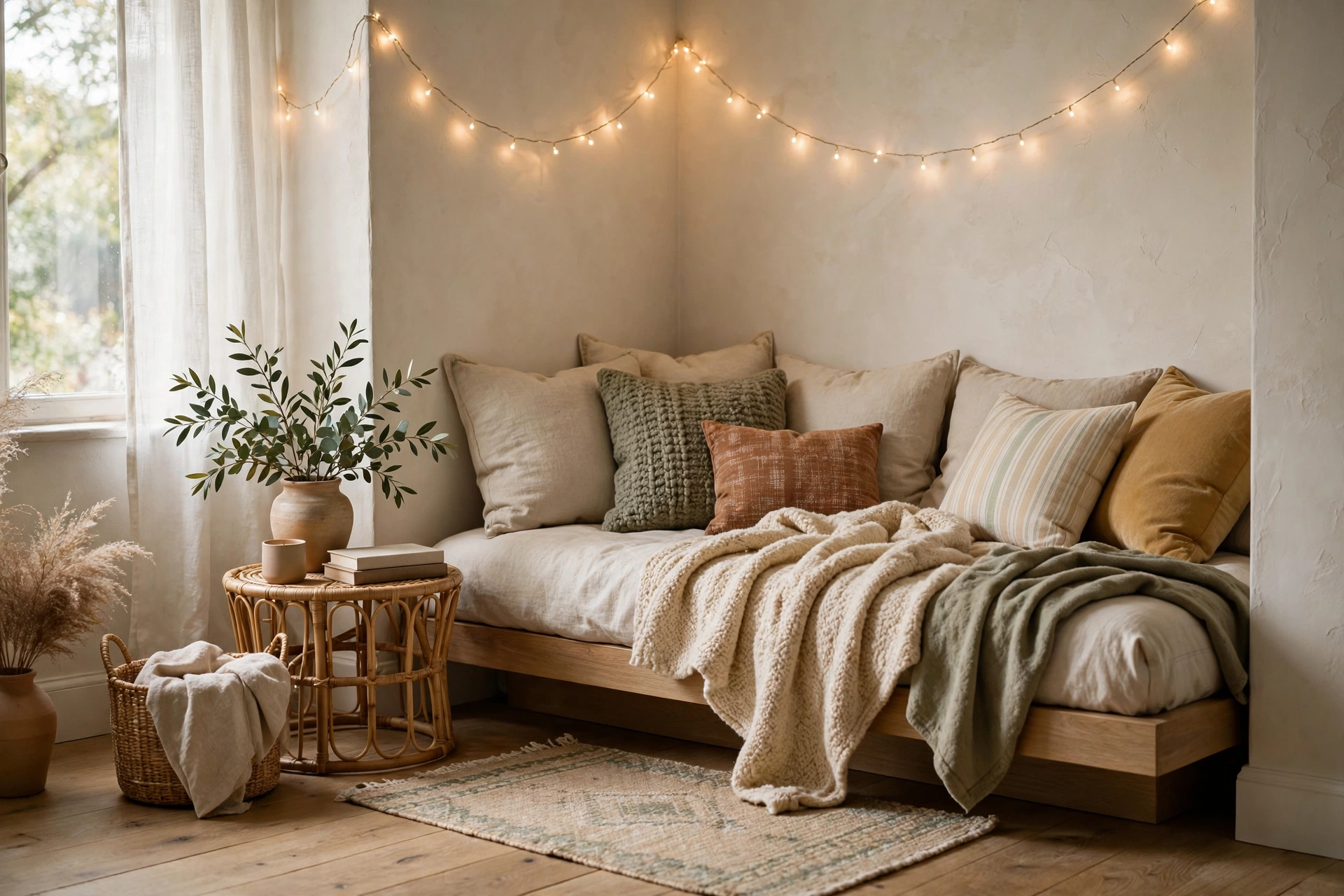 20 Cozy Corner Ideas for Small Homes 4 Cozy corner idea for a bedroom with an upholstered chair, soft neutral tones, and a warm bedside lamp