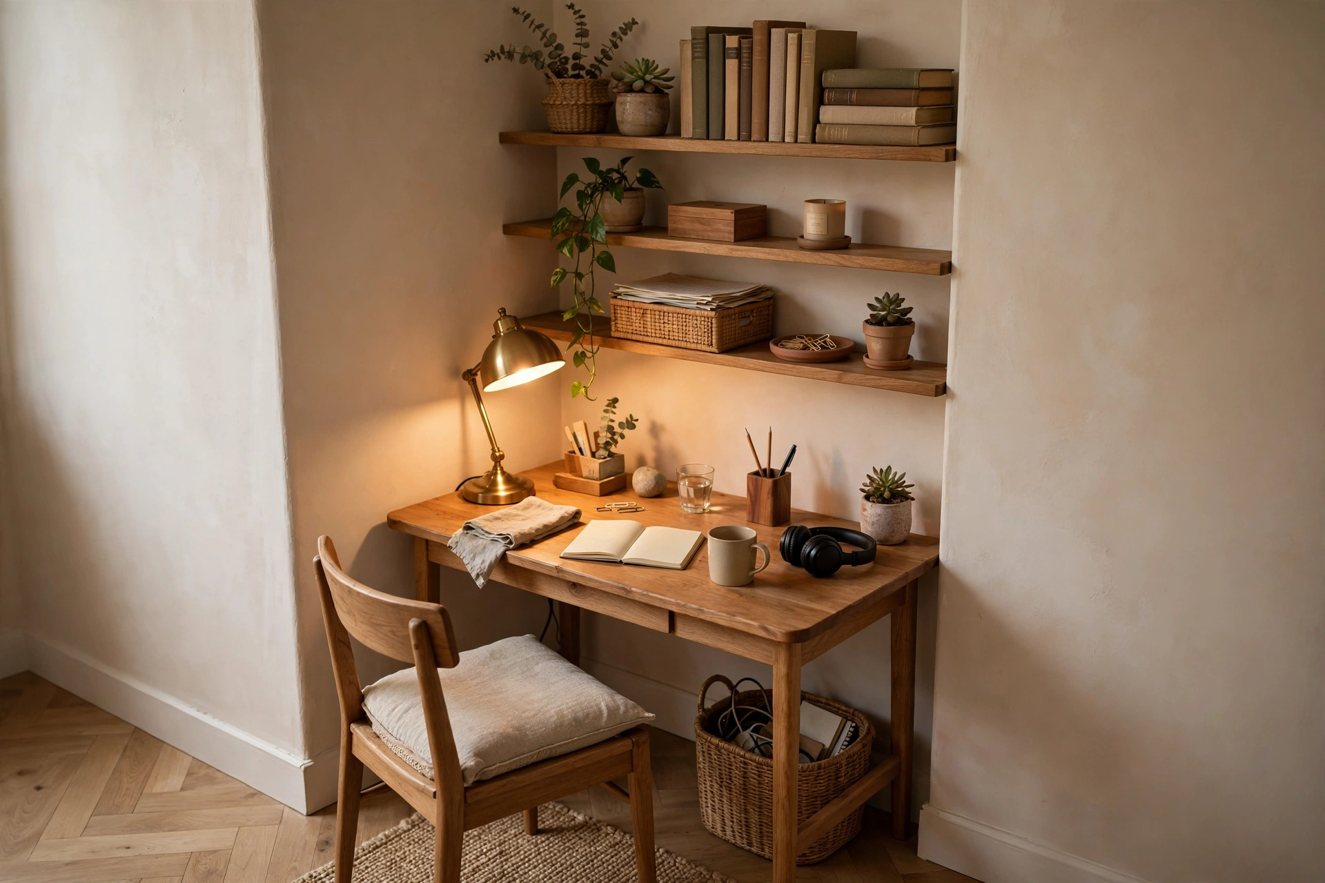 20 Cozy Corner Ideas for Small Homes 6 Cozy desk nook corner idea with a narrow wall-mounted desk and warm lamp for small spaces