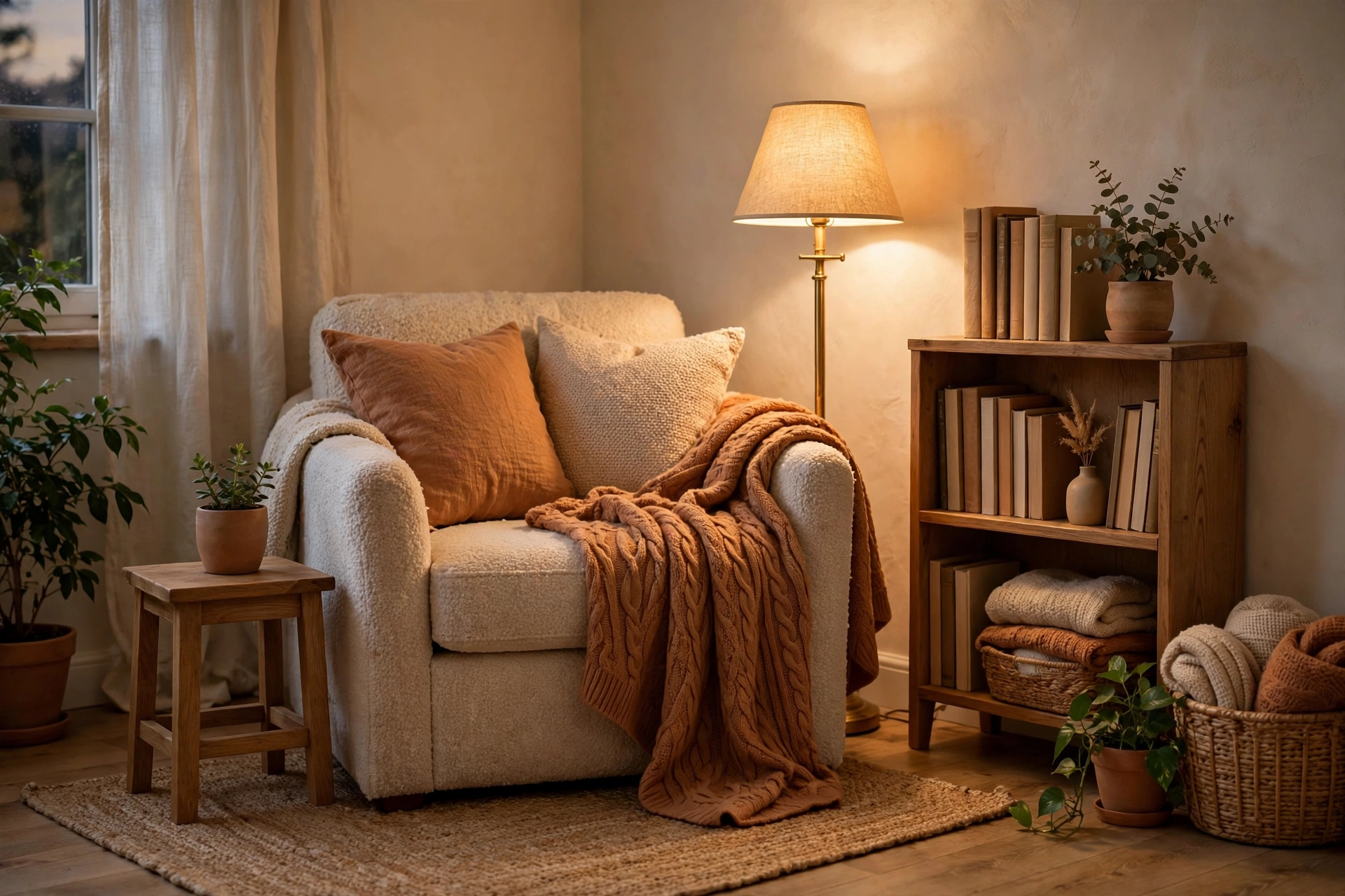 Cozy corner ideas for small homes: layered textiles, warm lamplight, and a reading chair in a small apartment corner