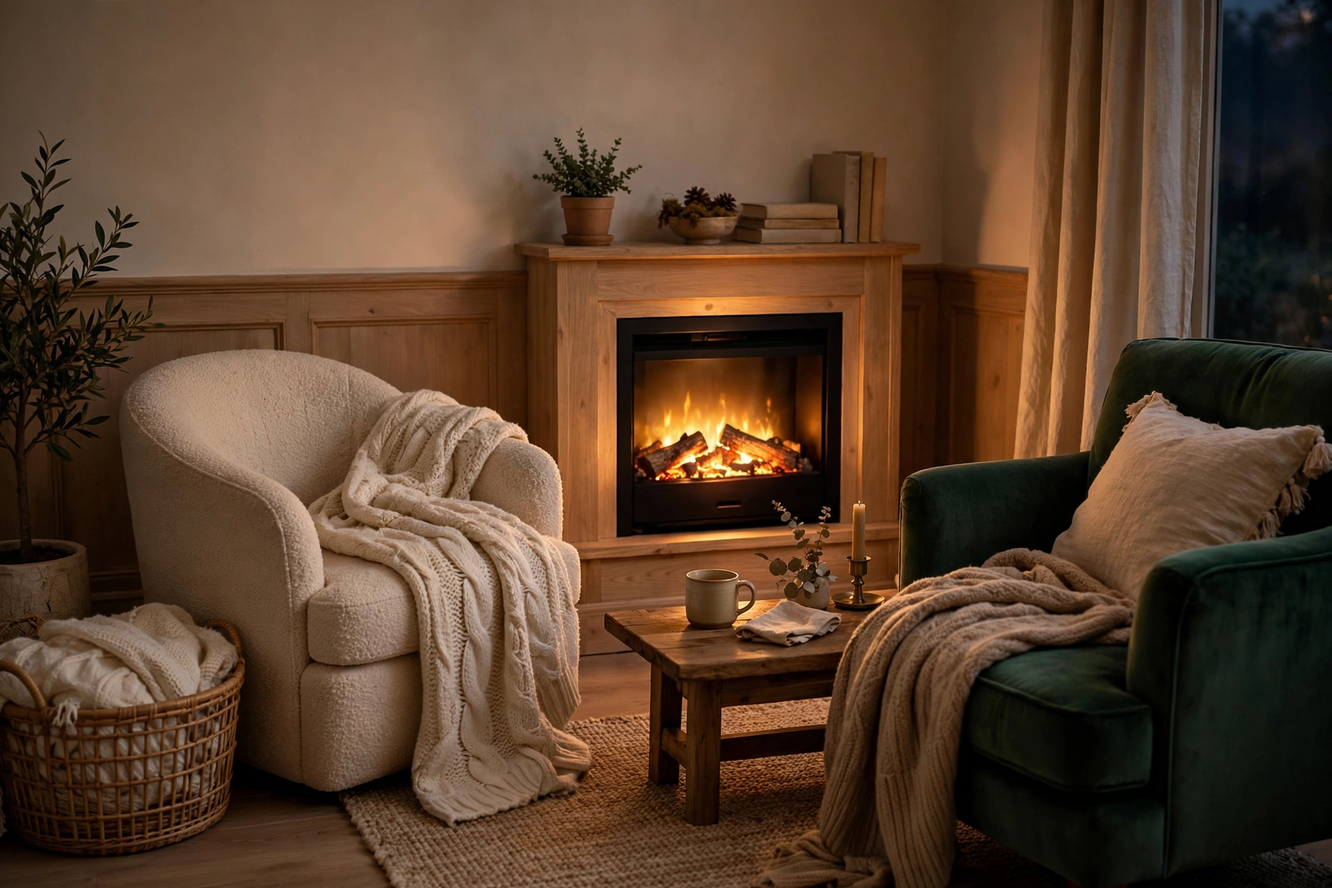 20 Cozy Corner Ideas for Small Homes 7 Cozy fireplace corner idea with two armchairs, a layered rug, and warm firelight