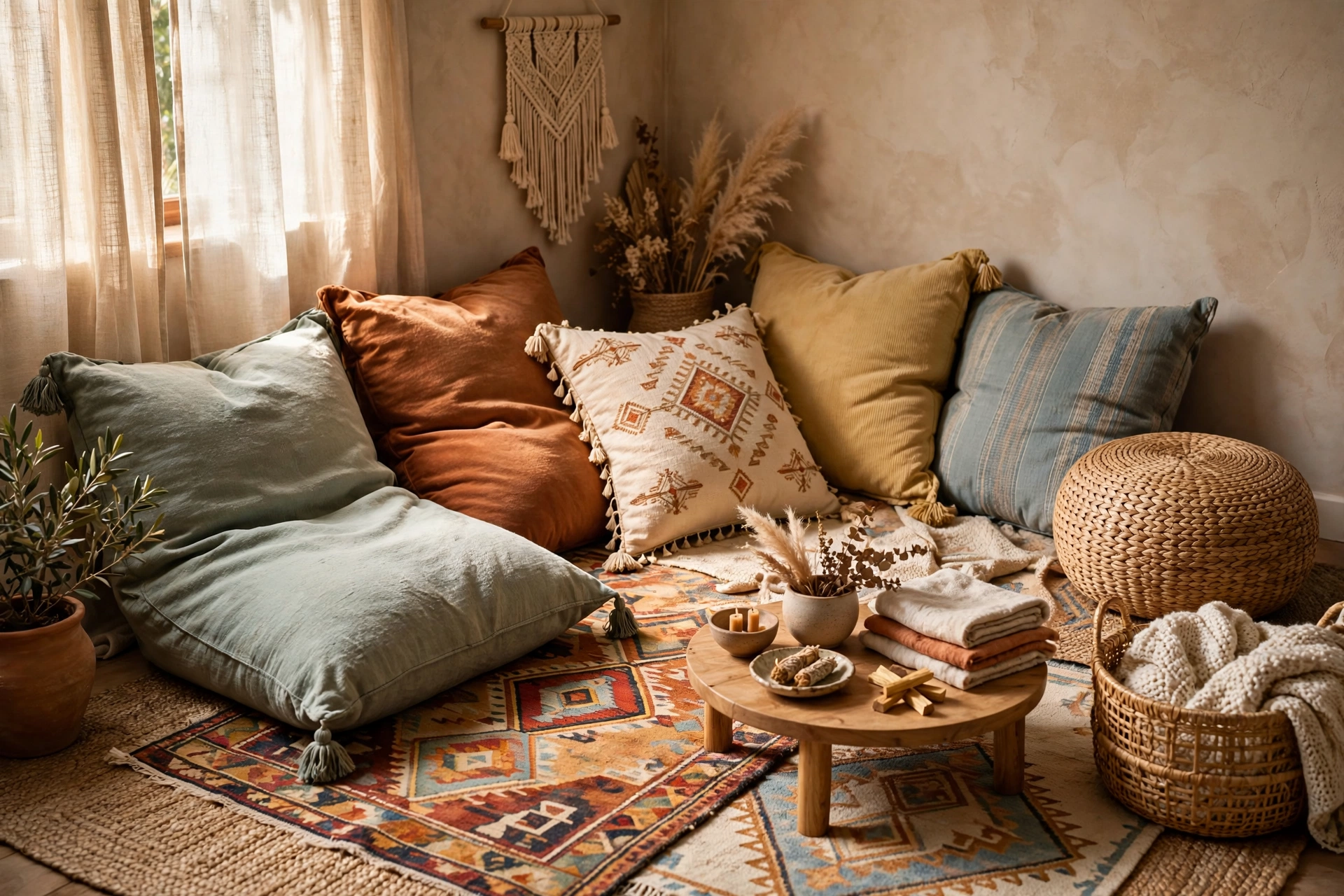20 Cozy Corner Ideas for Small Homes 5 Small cozy corner idea with colorful floor cushions and a low wooden tray table