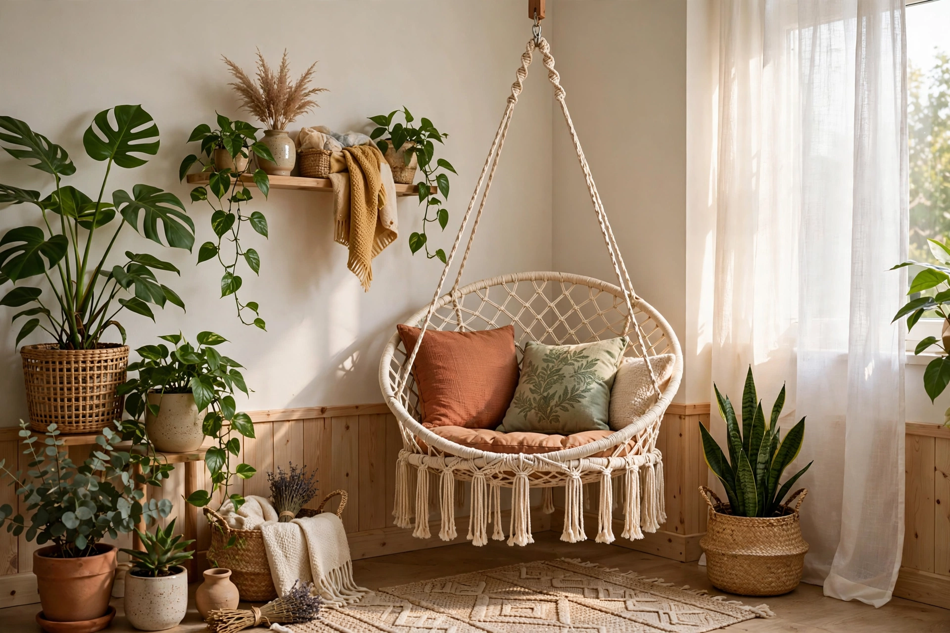 20 Cozy Corner Ideas for Small Homes 12 Cozy hanging chair corner idea in rattan with cushions for small homes