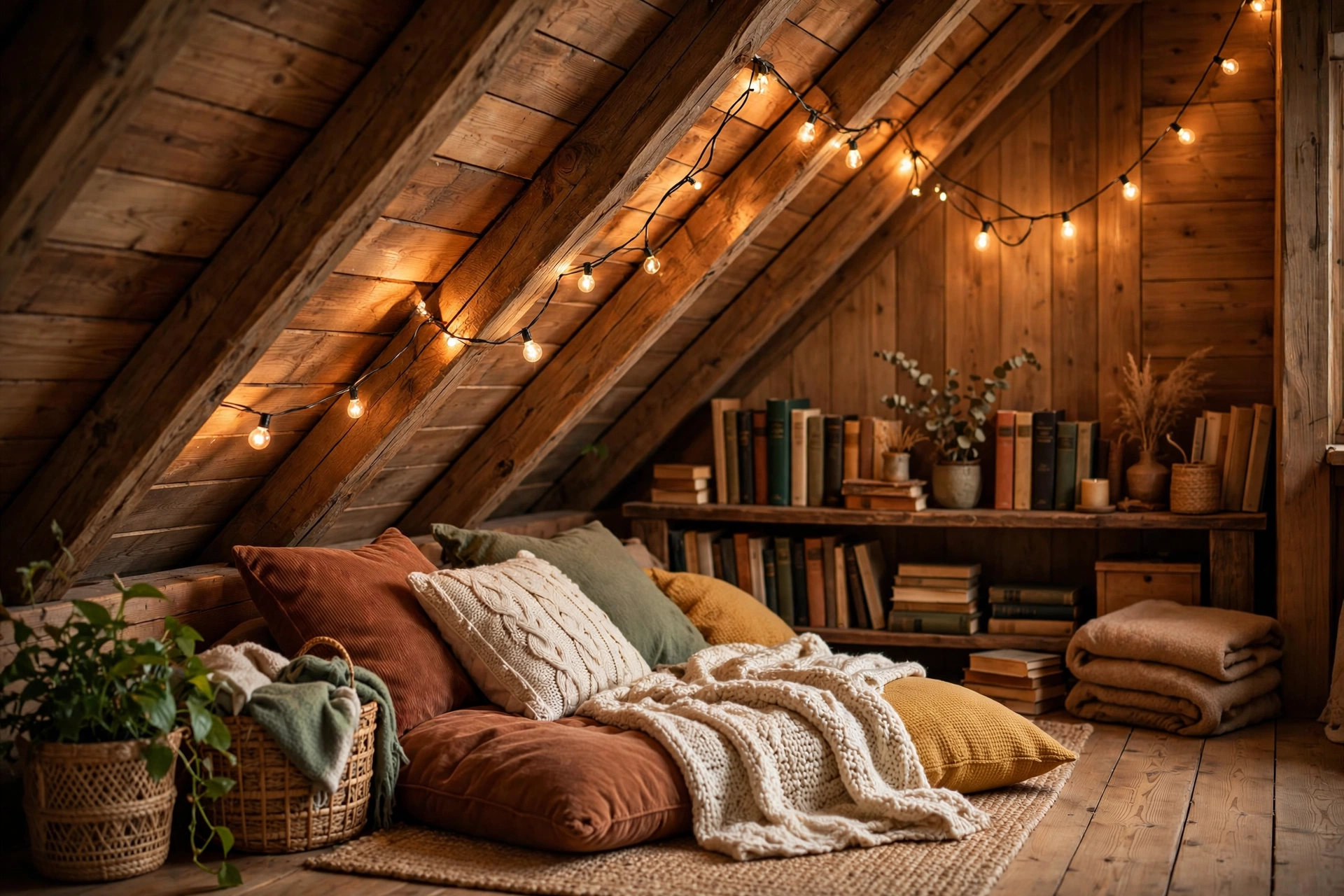 20 Cozy Corner Ideas for Small Homes 11 Cozy attic loft corner idea with a sloped ceiling, floor cushions, and warm string lights