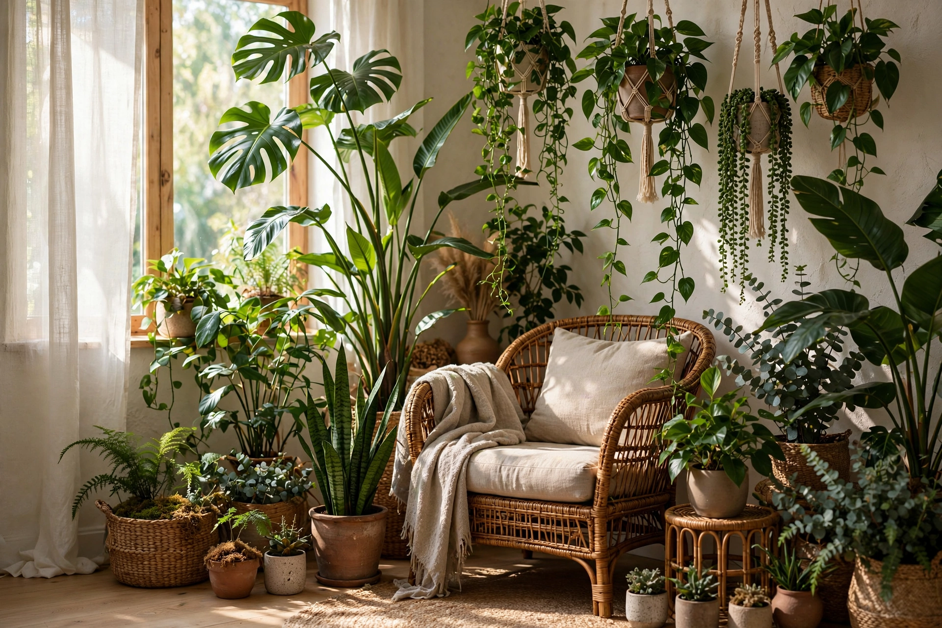 20 Cozy Corner Ideas for Small Homes 8 Cozy plant corner decor idea with layered greenery and a rattan chair