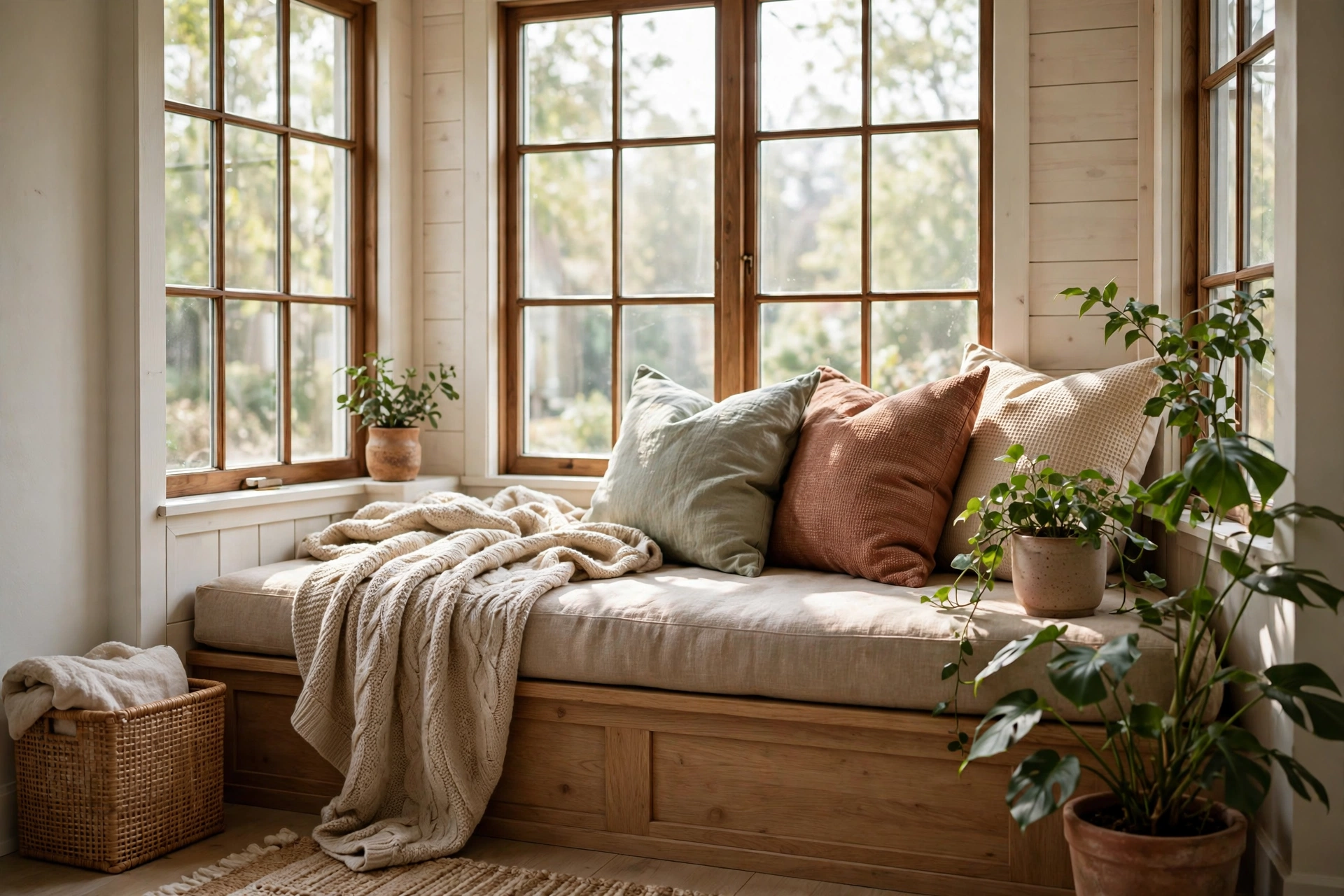 20 Cozy Corner Ideas for Small Homes 2 Cozy window seat corner idea with layered cushions and a throw blanket in a small home