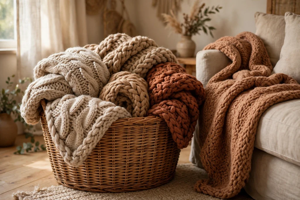 20 Cozy Living Room Ideas for a Warm and Relaxing Space 4 Woven basket filled with soft throw blankets beside a cozy sofa